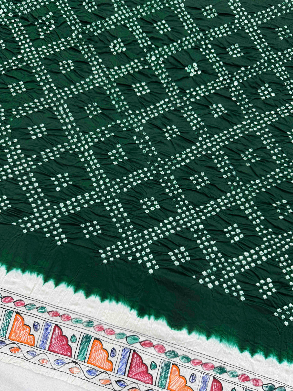 Off White & Dark Green Madhubani Bandhani Saree