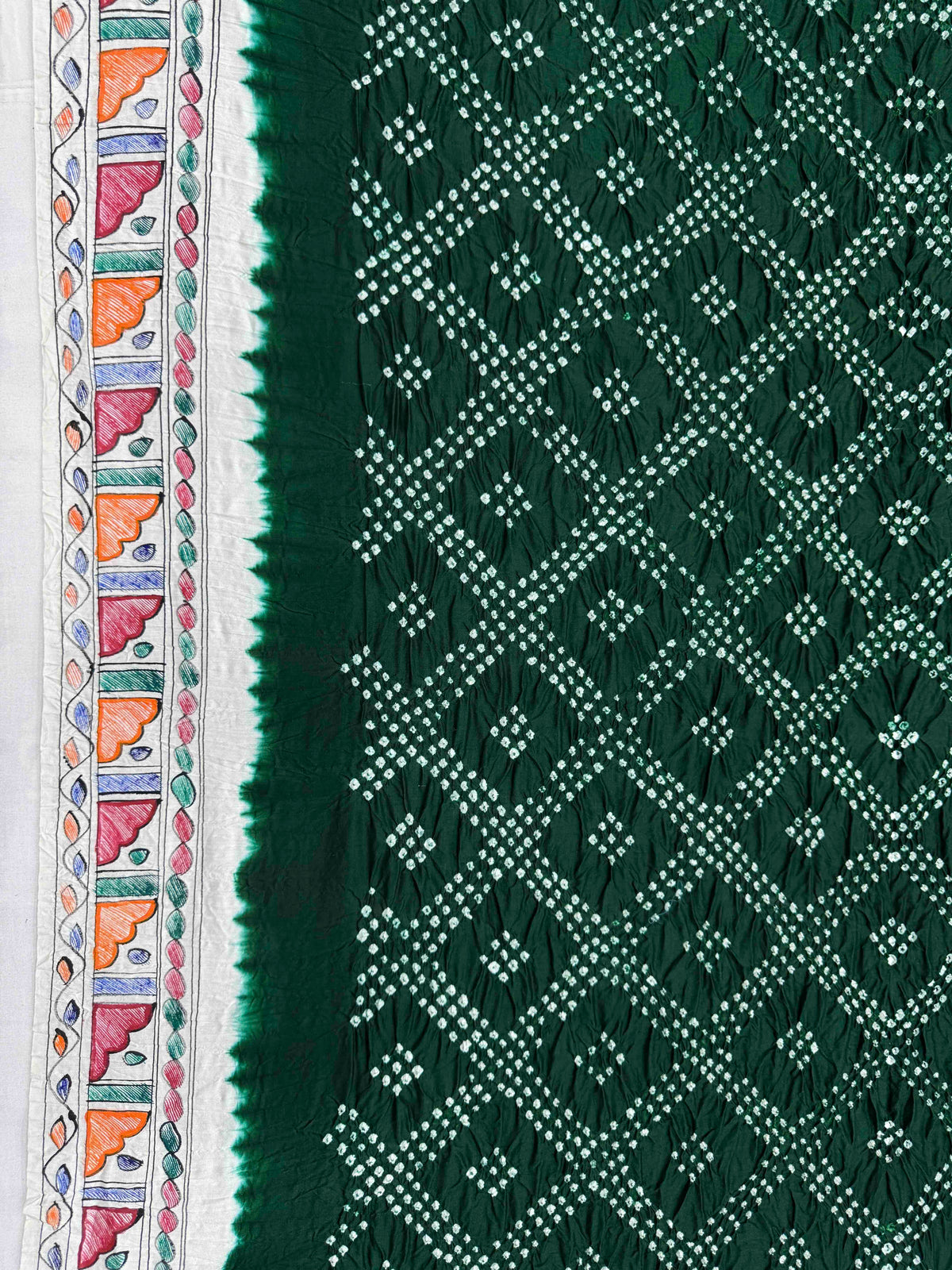 Off White & Dark Green Madhubani Bandhani Saree