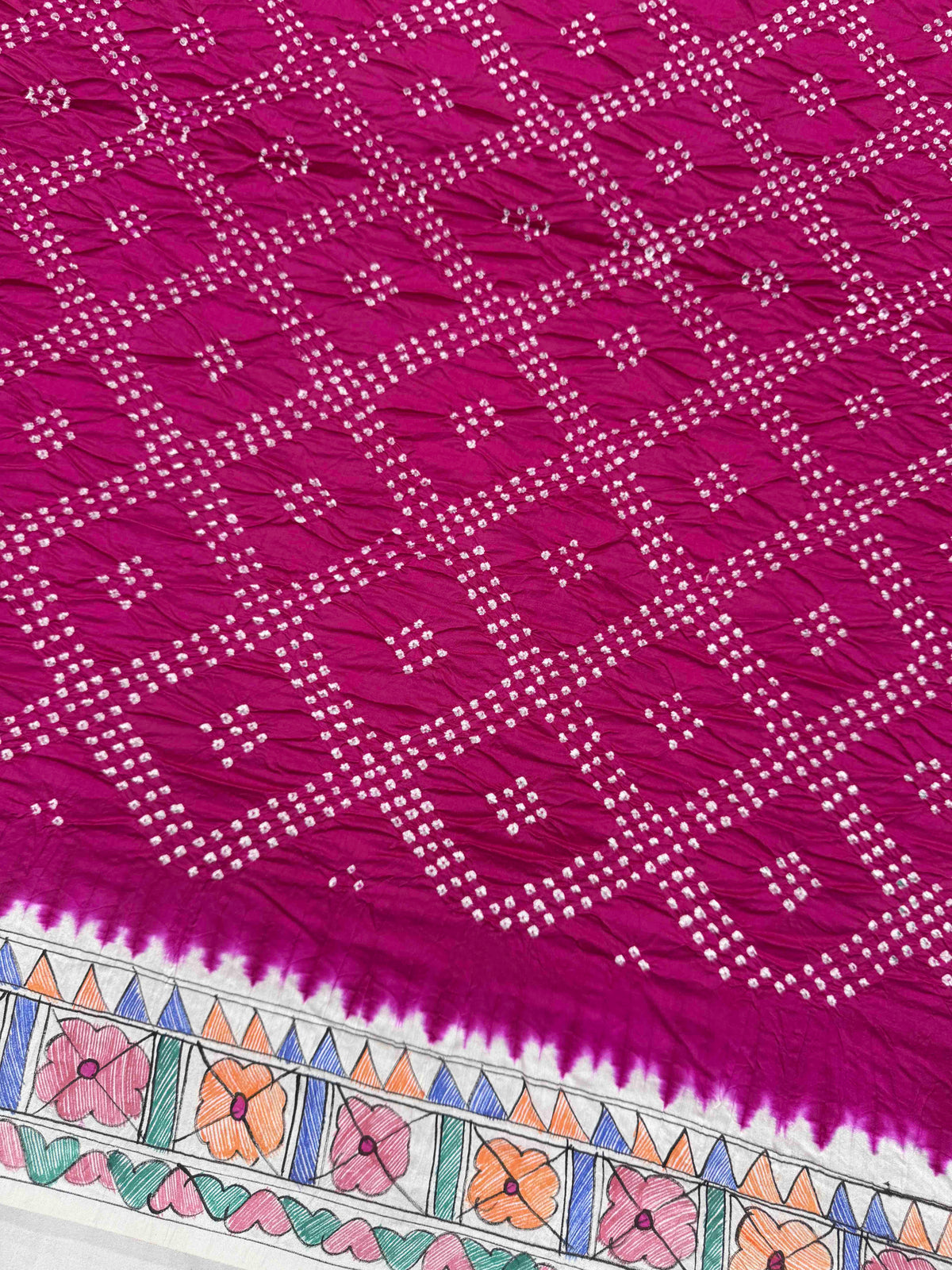 Off White & Pink Madhubani Bandhani Saree