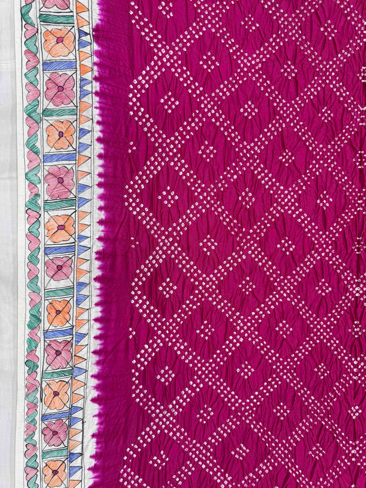 Off White & Pink Madhubani Bandhani Saree