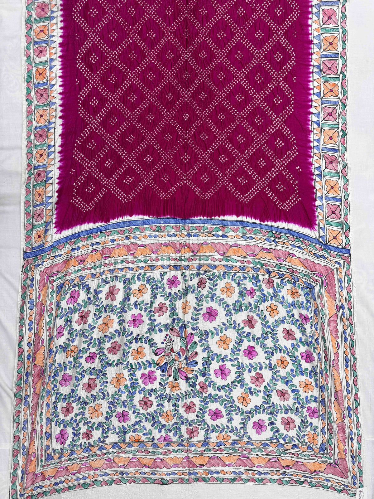 Off White & Pink Madhubani Bandhani Saree