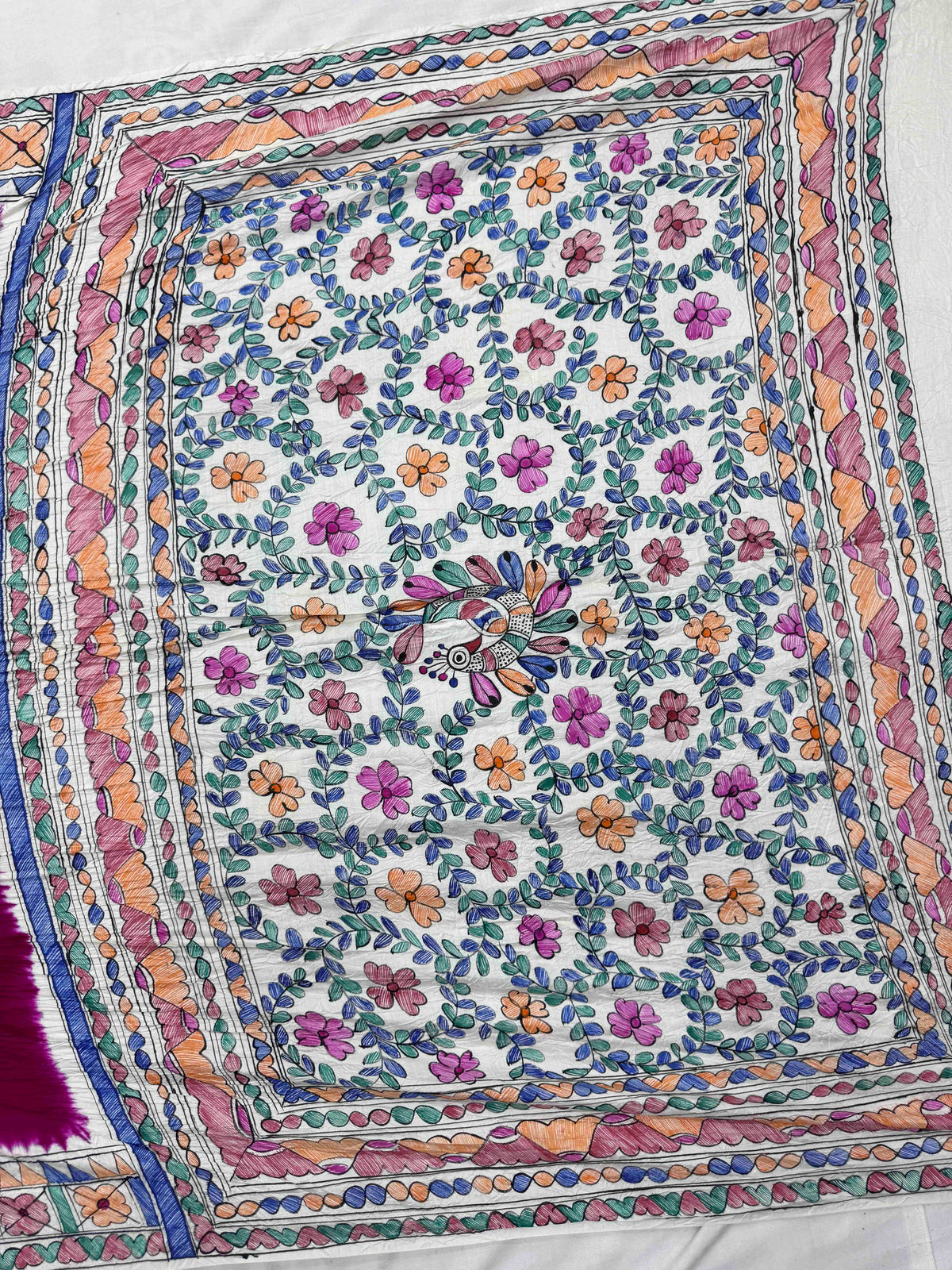 Off White & Pink Madhubani Bandhani Saree