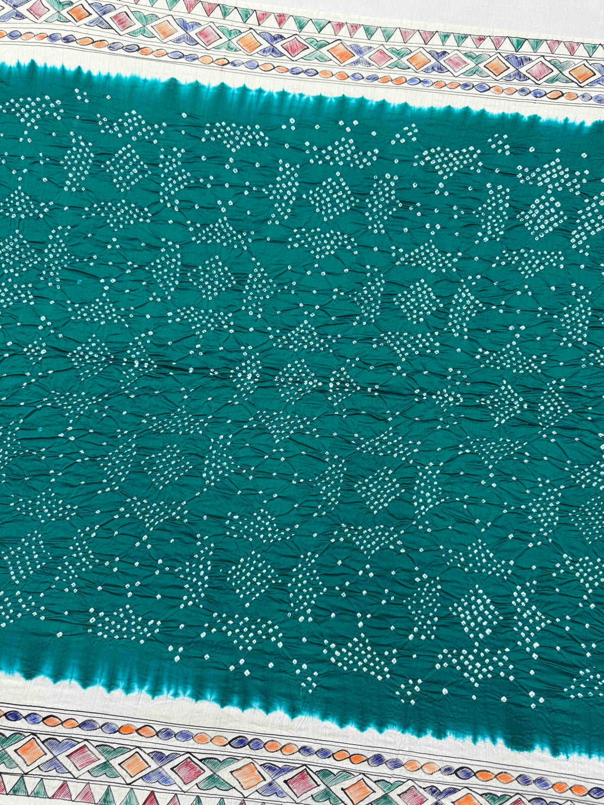 Off White & Rama Green Madhubani Bandhani Saree