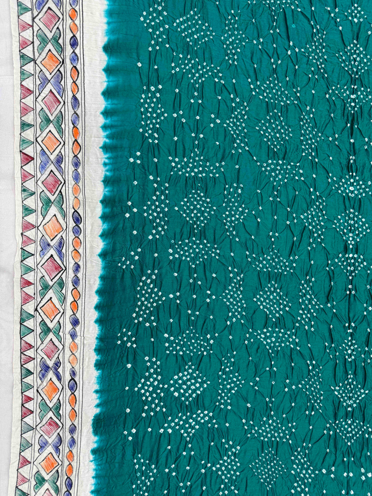 Off White & Rama Green Madhubani Bandhani Saree