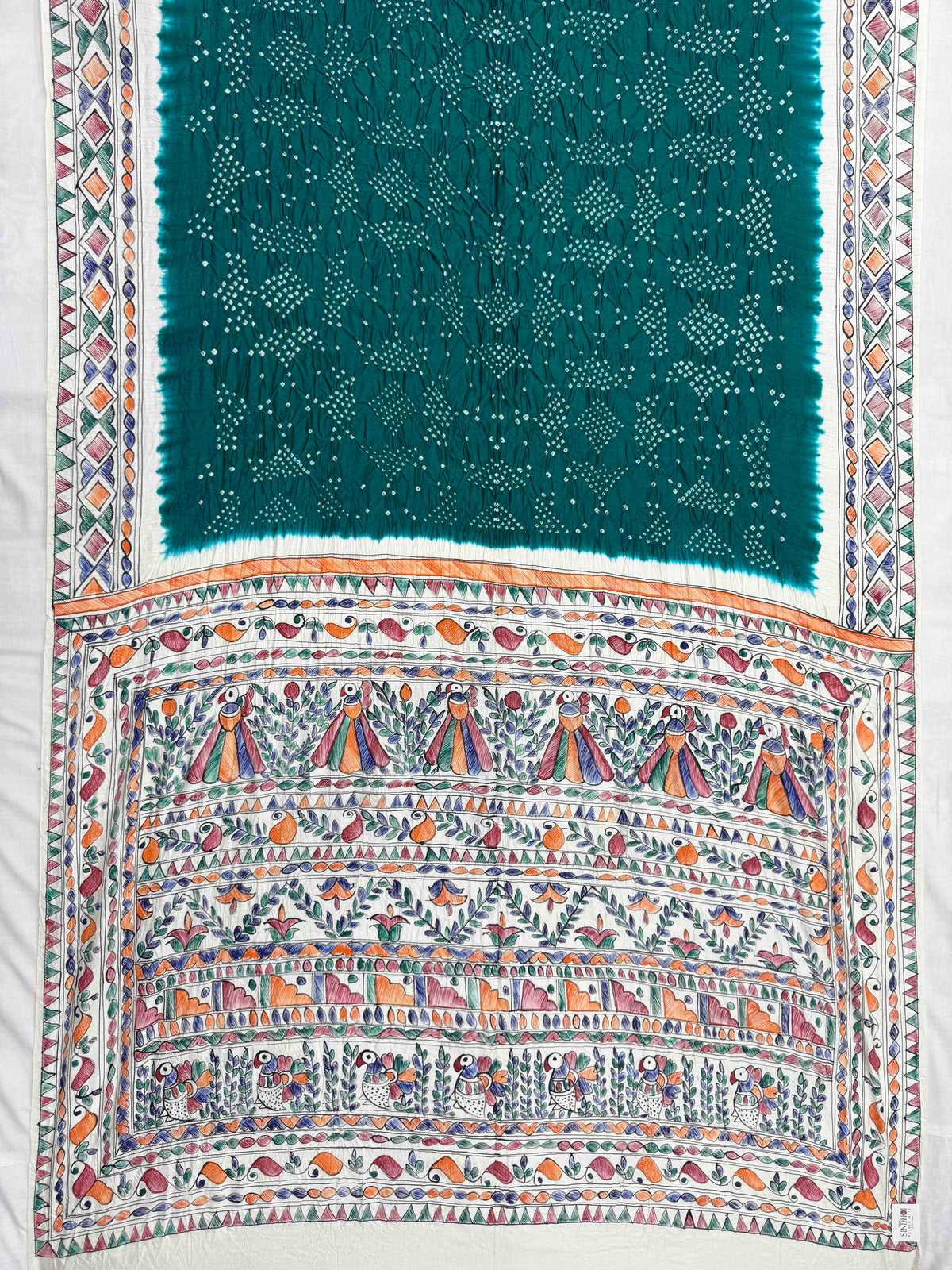 Off White & Rama Green Madhubani Bandhani Saree