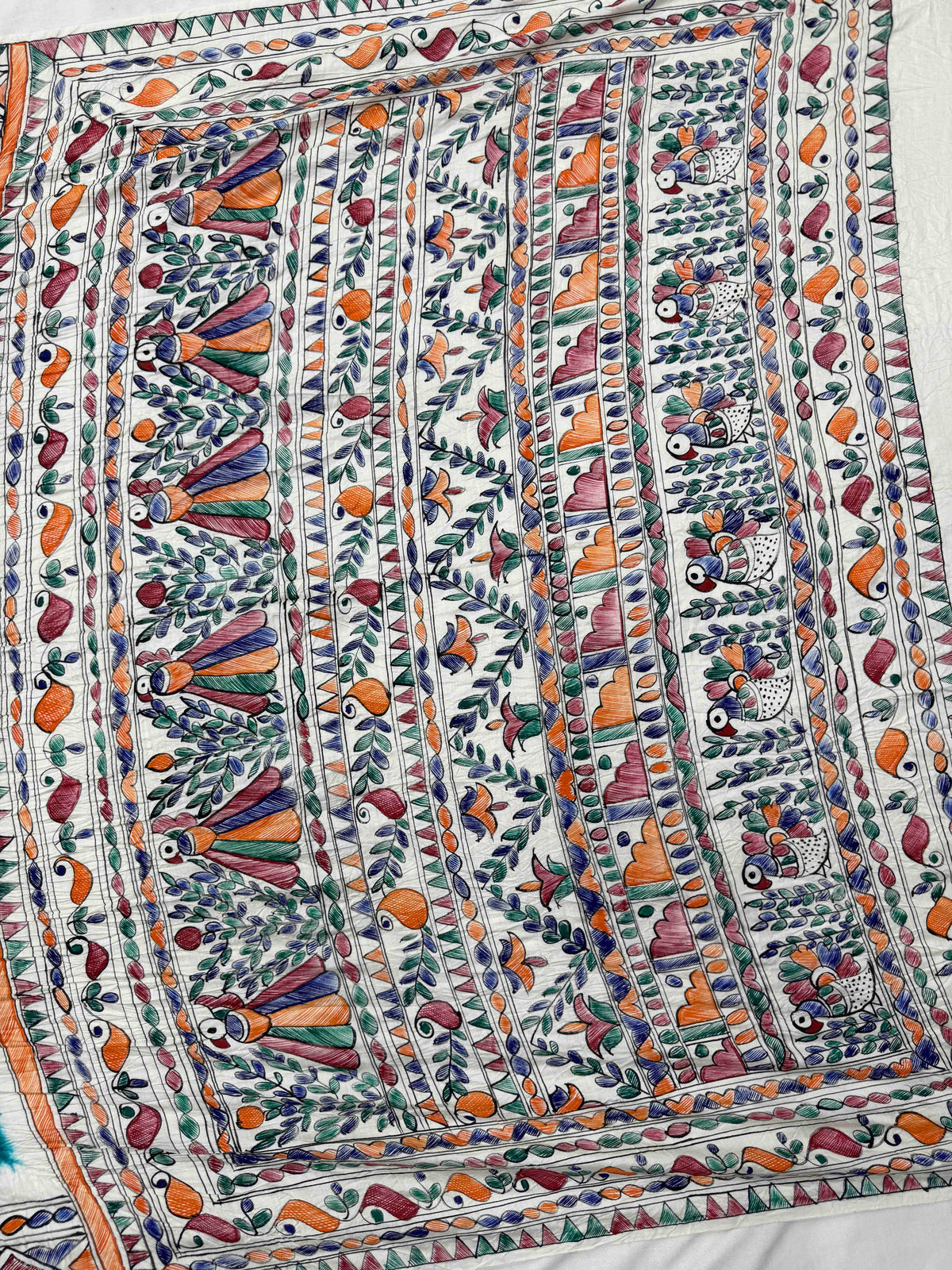 Off White & Rama Green Madhubani Bandhani Saree