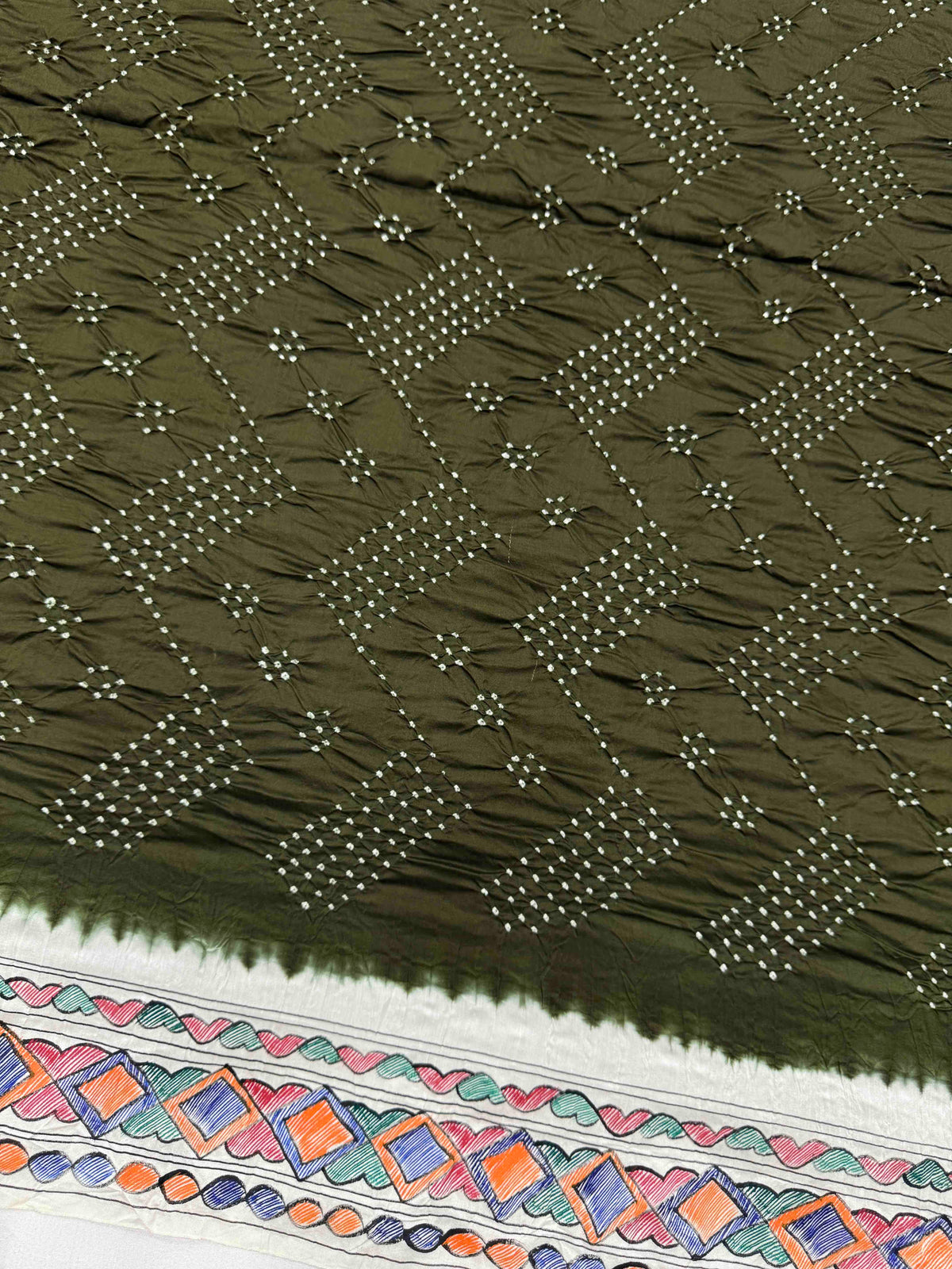Off White & Mehendi Green Madhubani Bandhani Saree