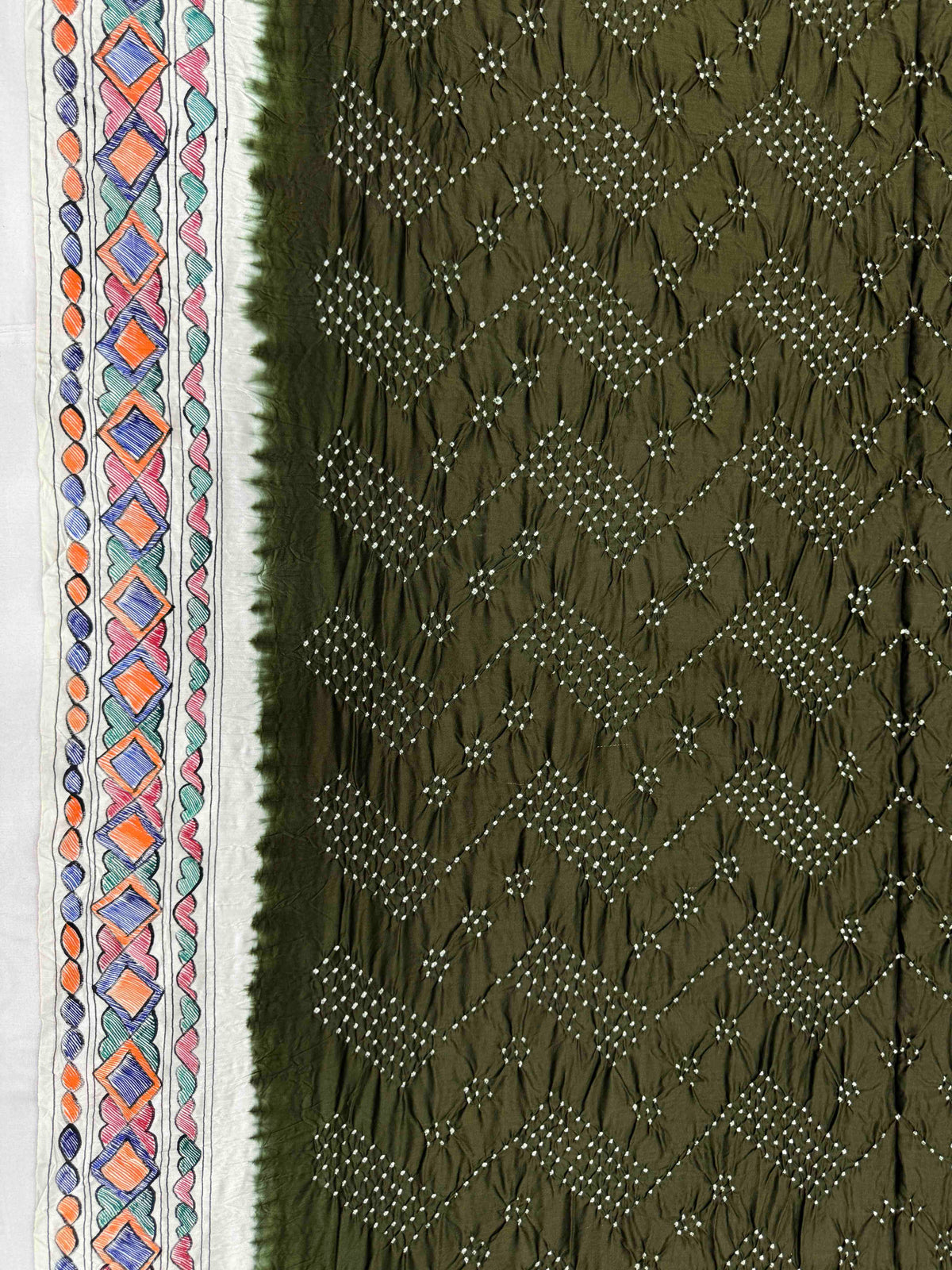 Off White & Mehendi Green Madhubani Bandhani Saree