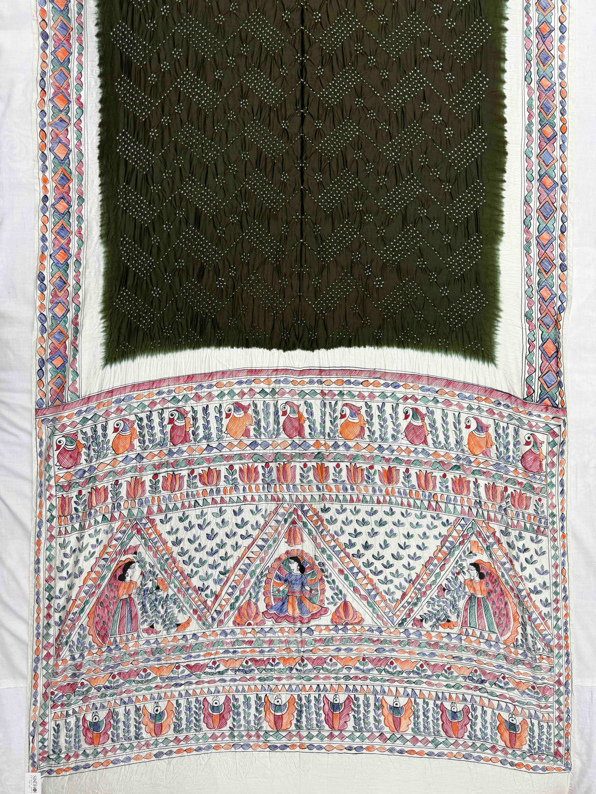 Off White & Mehendi Green Madhubani Bandhani Saree