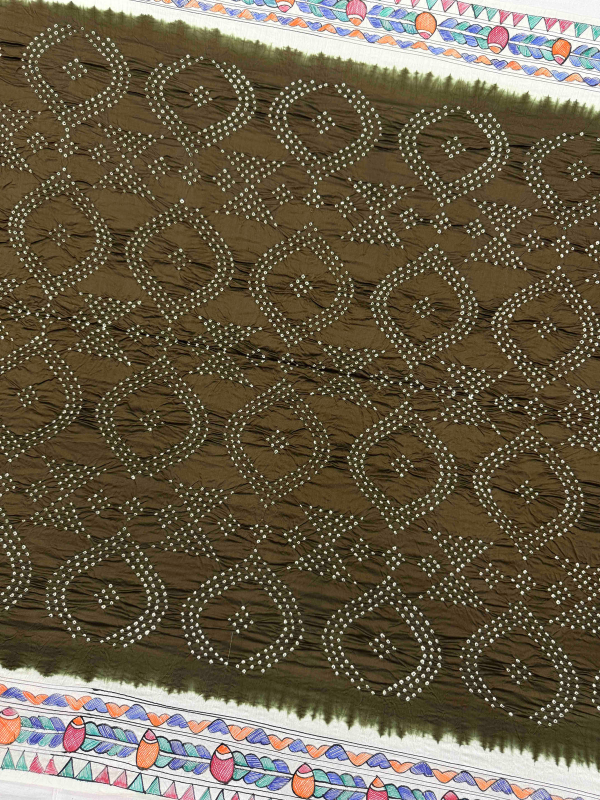 Off White & Mehendi Madhubani Bandhani Saree