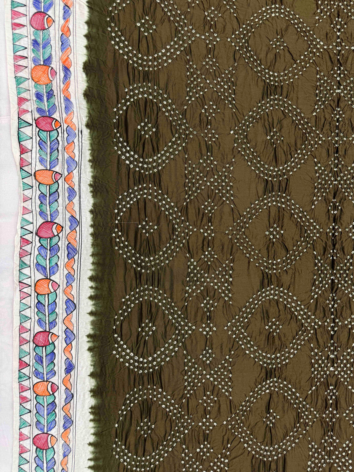 Off White & Mehendi Madhubani Bandhani Saree
