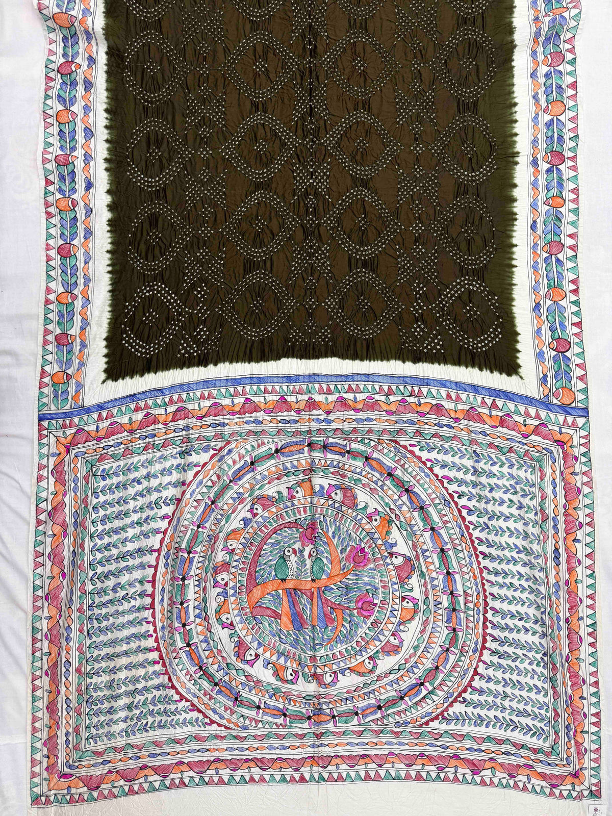 Off White & Mehendi Madhubani Bandhani Saree
