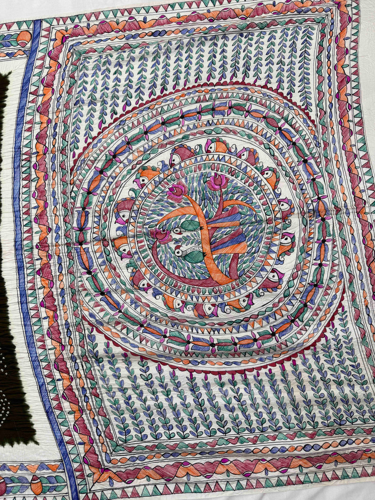 Off White & Mehendi Madhubani Bandhani Saree