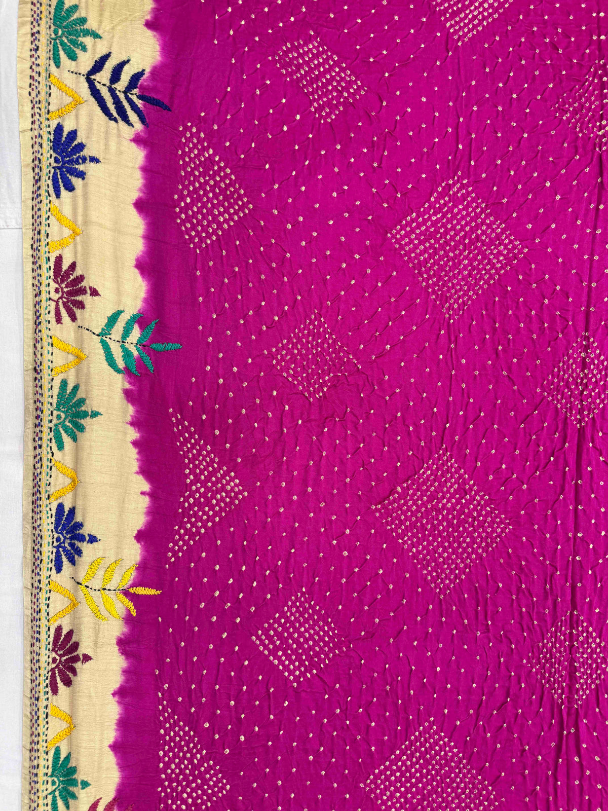 Cream & Dark Pink Gajji Silk with Kantha Work Border Pallu Bandhani Saree