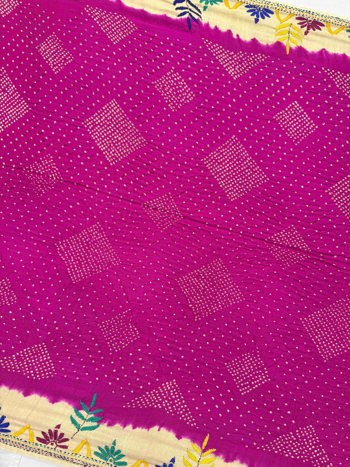 Cream & Dark Pink Gajji Silk with Kantha Work Border Pallu Bandhani Saree