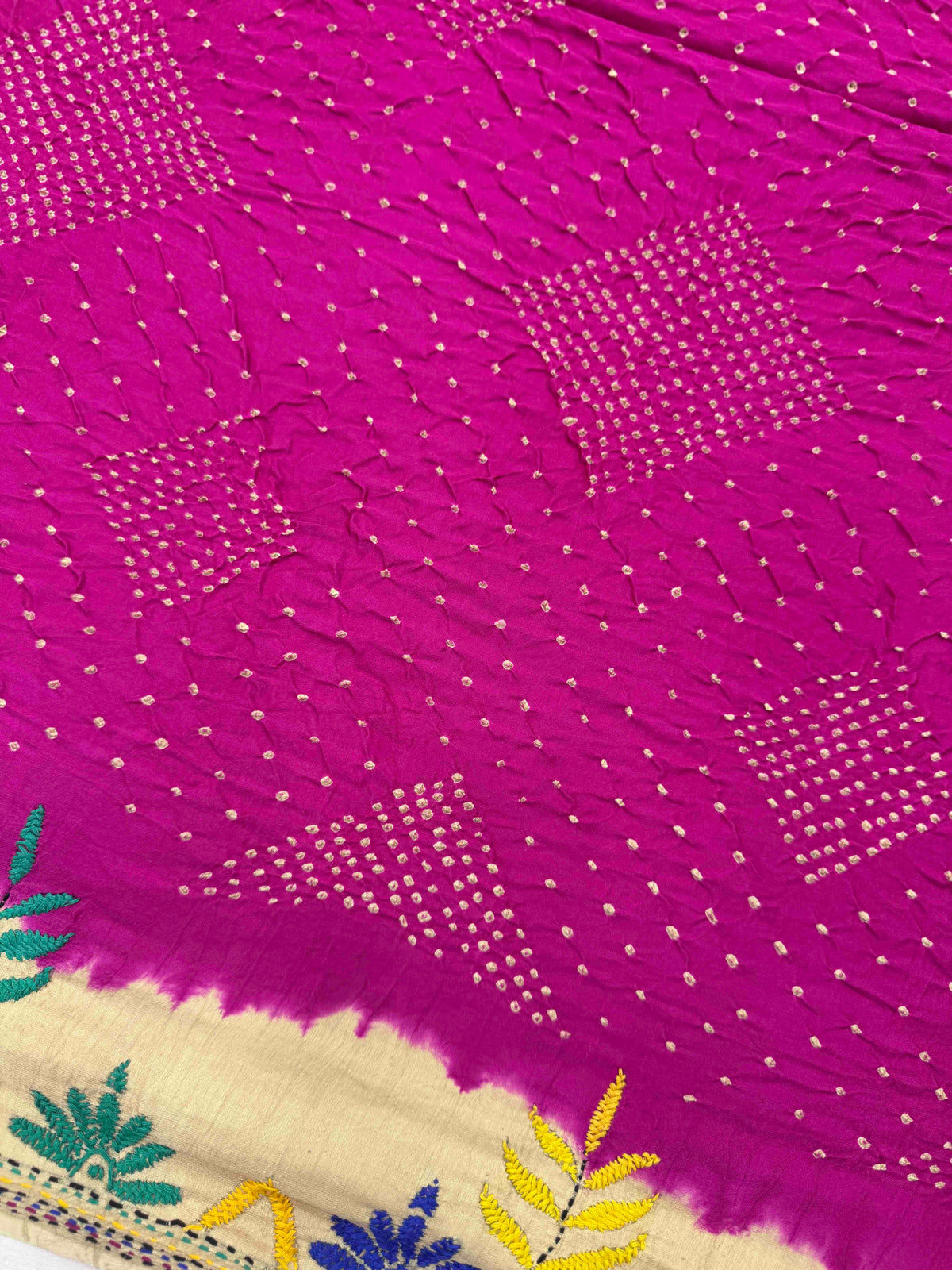 Cream & Dark Pink Gajji Silk with Kantha Work Border Pallu Bandhani Saree