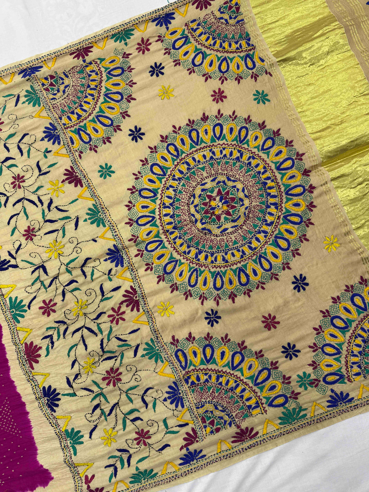 Cream & Dark Pink Gajji Silk with Kantha Work Border Pallu Bandhani Saree