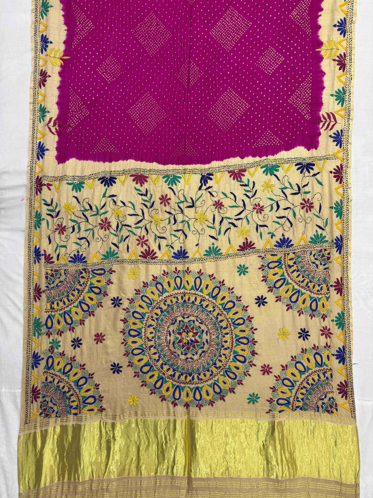 Cream & Dark Pink Gajji Silk with Kantha Work Border Pallu Bandhani Saree