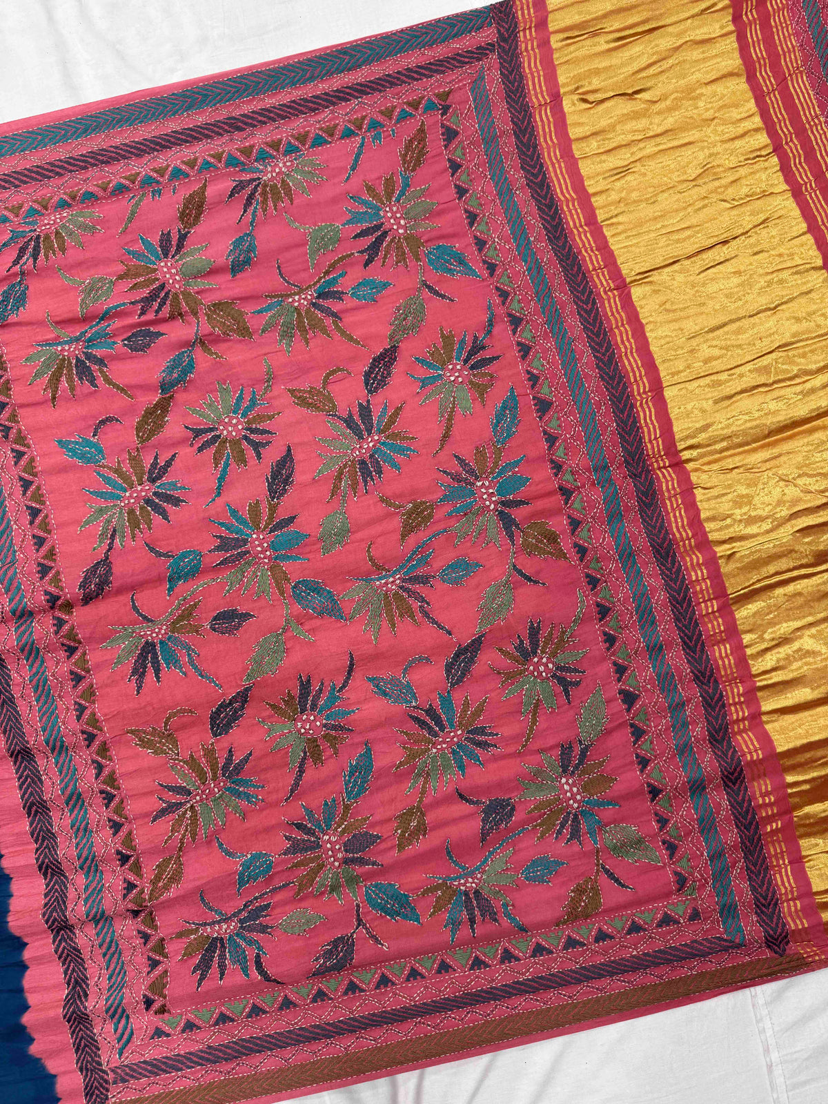 Pink & Indigo Blue Gajji Silk with Kantha Work Border Pallu Bandhani Saree