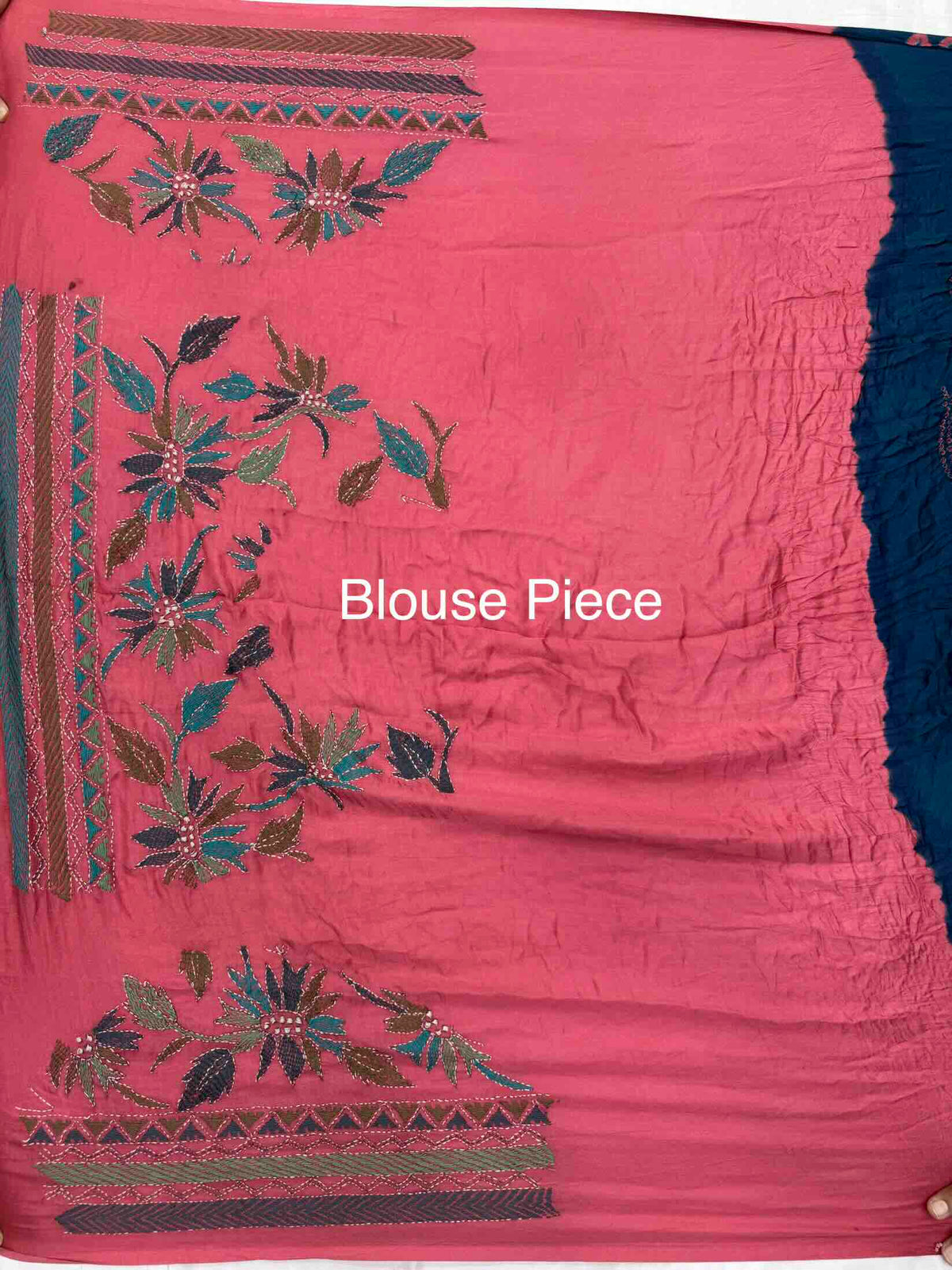 Pink & Indigo Blue Gajji Silk with Kantha Work Border Pallu Bandhani Saree