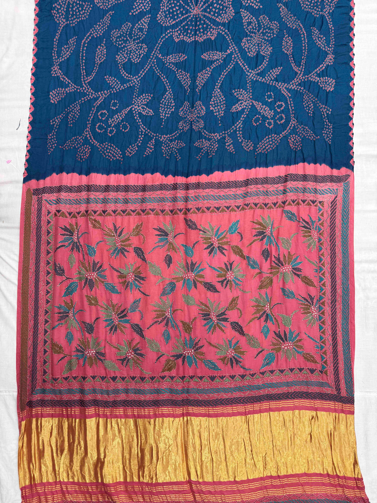 Pink & Indigo Blue Gajji Silk with Kantha Work Border Pallu Bandhani Saree