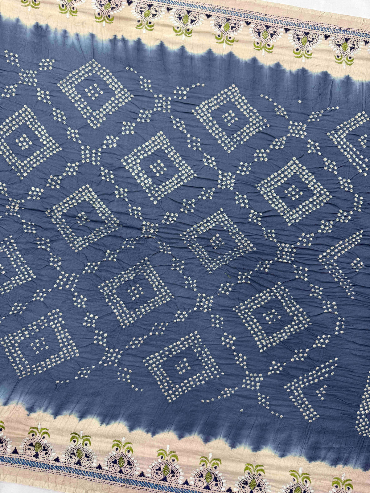 Off White & Grey Muga Silk with Kantha Work Border Pallu Bandhani Saree
