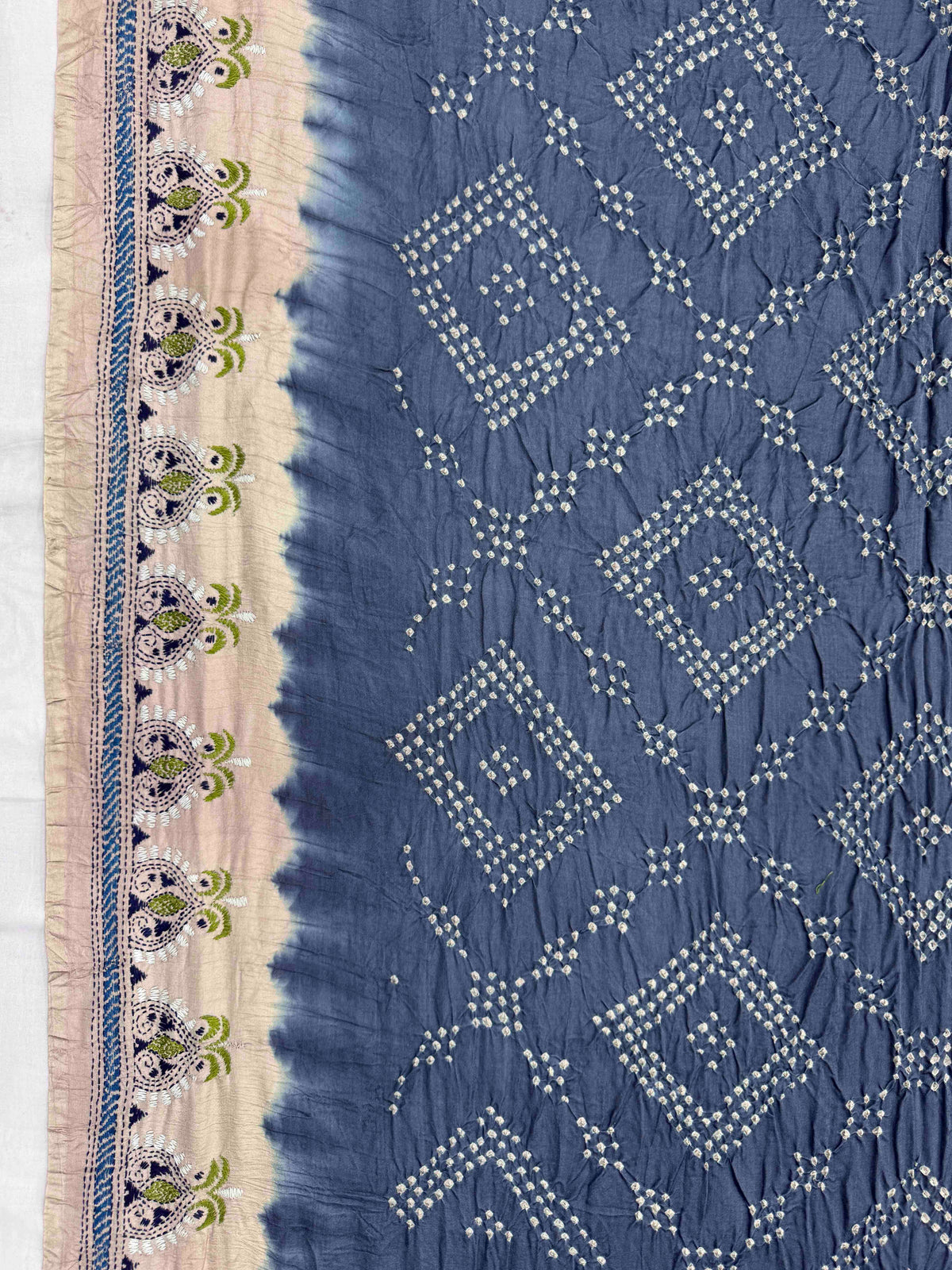 Off White & Grey Muga Silk with Kantha Work Border Pallu Bandhani Saree