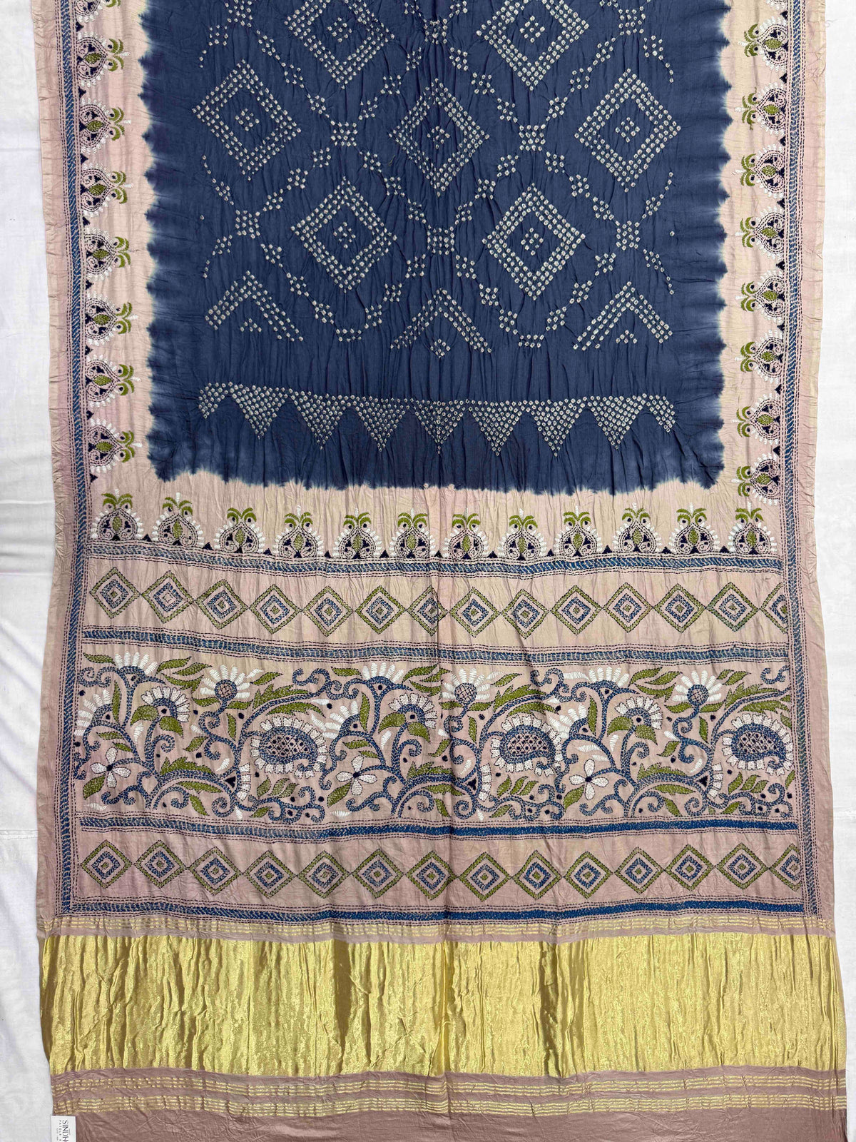 Off White & Grey Muga Silk with Kantha Work Border Pallu Bandhani Saree