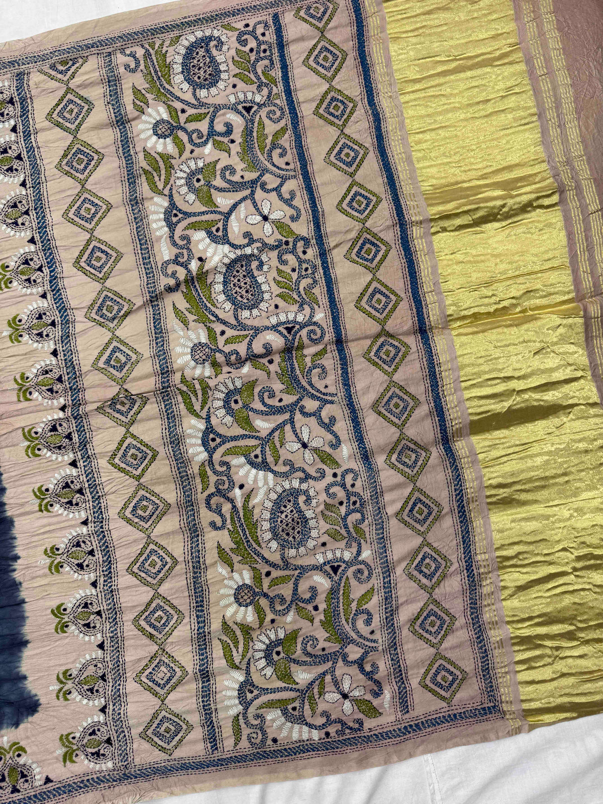 Off White & Grey Muga Silk with Kantha Work Border Pallu Bandhani Saree