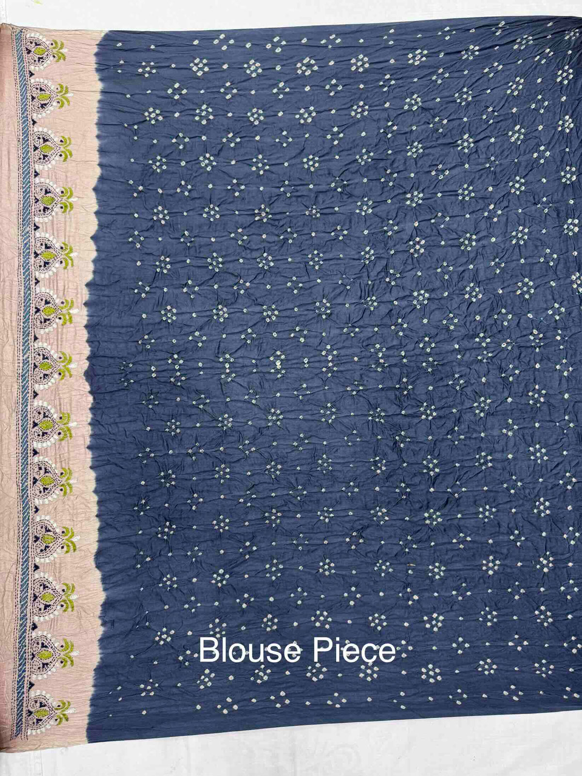 Off White & Grey Muga Silk with Kantha Work Border Pallu Bandhani Saree
