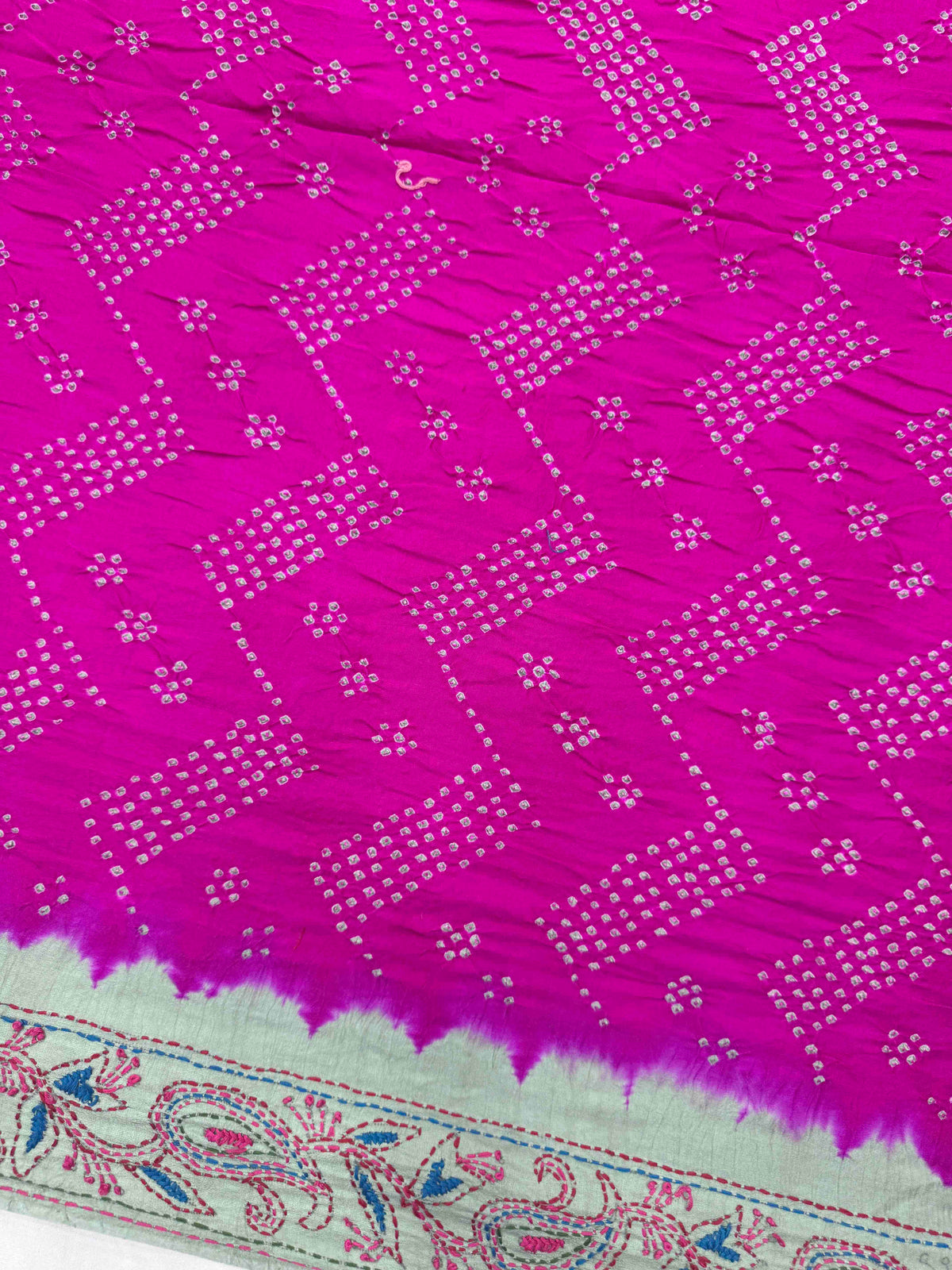 Light Grey & Pink Gajji Silk with Kantha Work Border Pallu Bandhani Saree