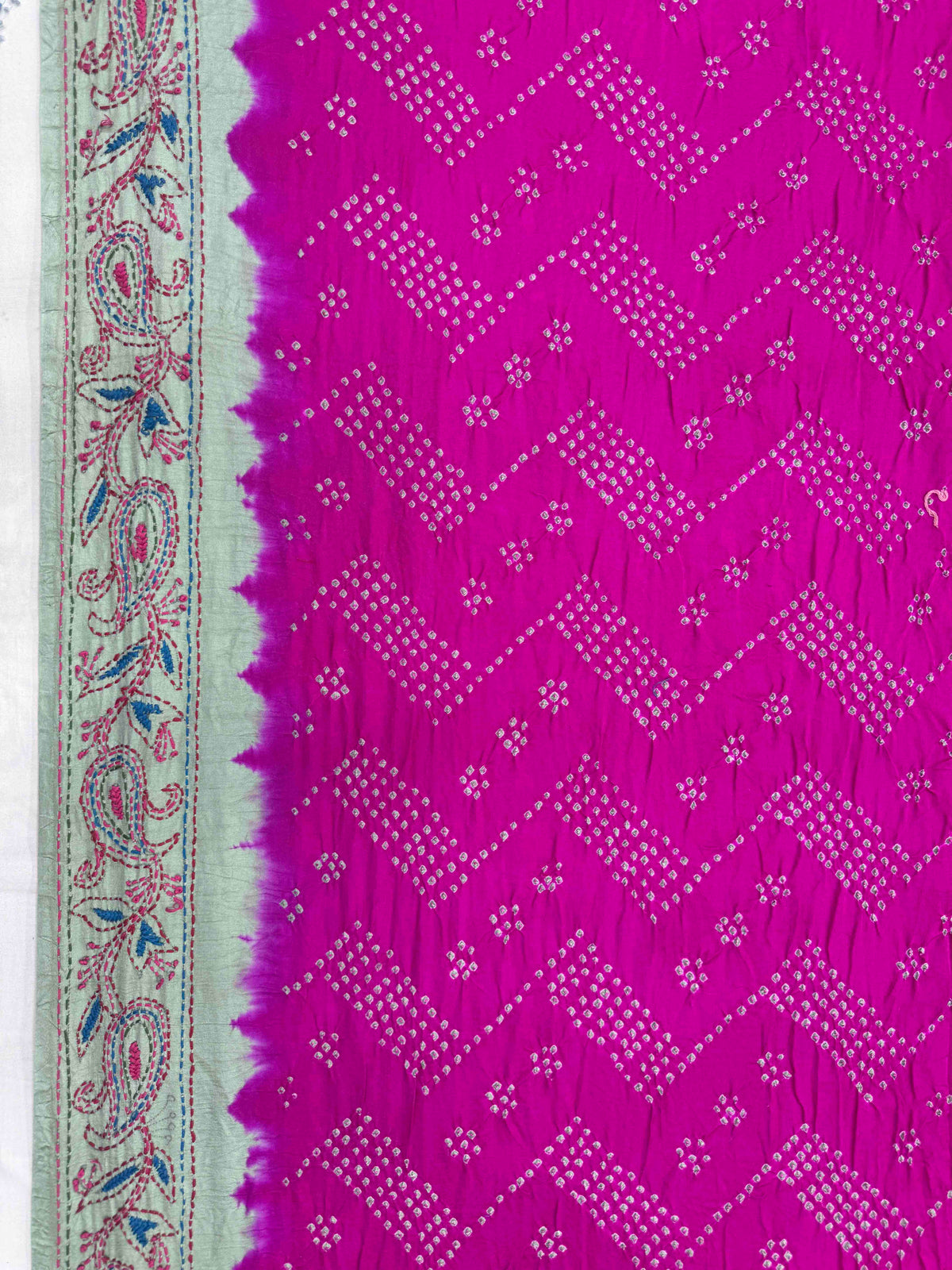Light Grey & Pink Gajji Silk with Kantha Work Border Pallu Bandhani Saree