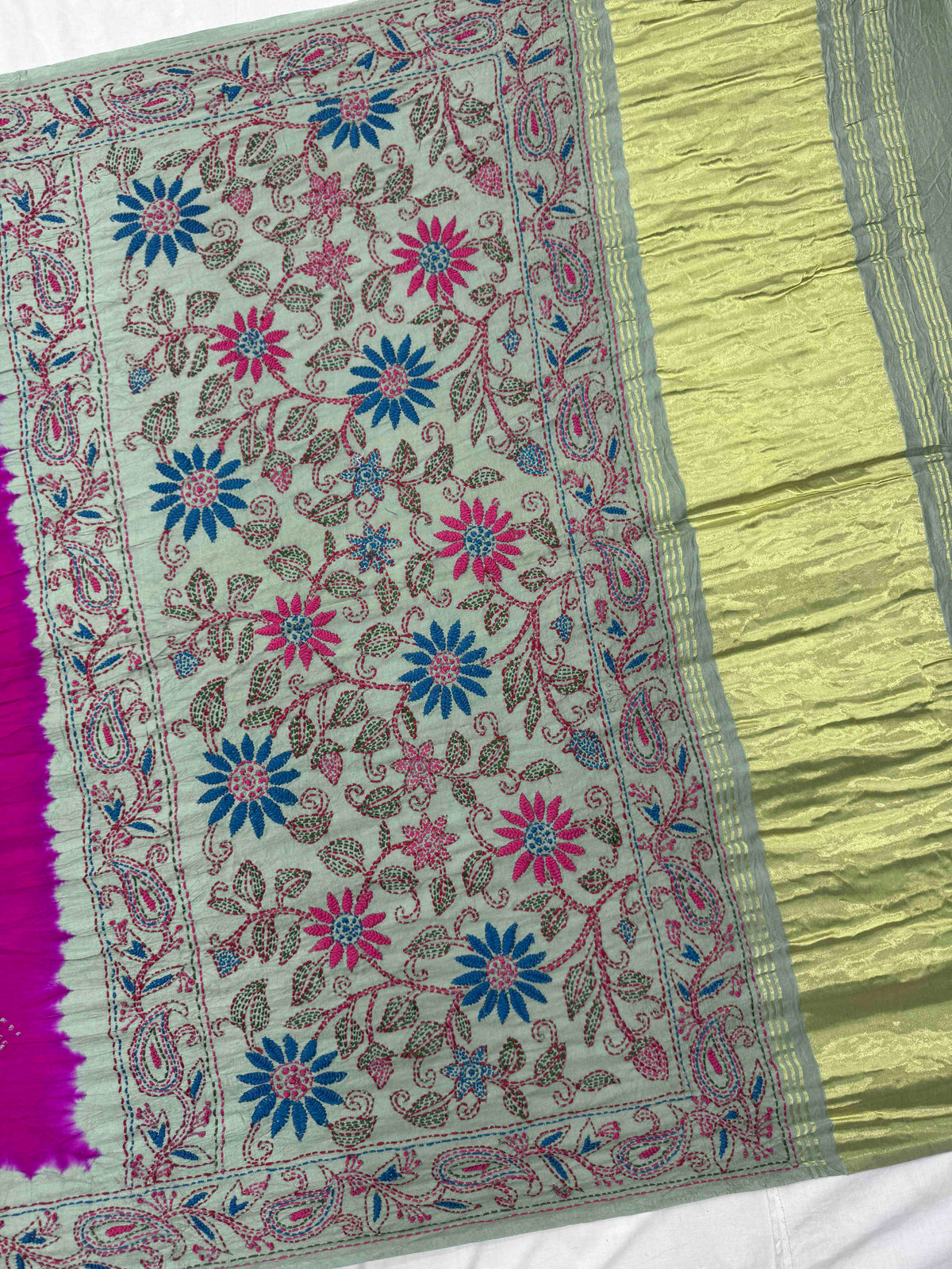 Light Grey & Pink Gajji Silk with Kantha Work Border Pallu Bandhani Saree