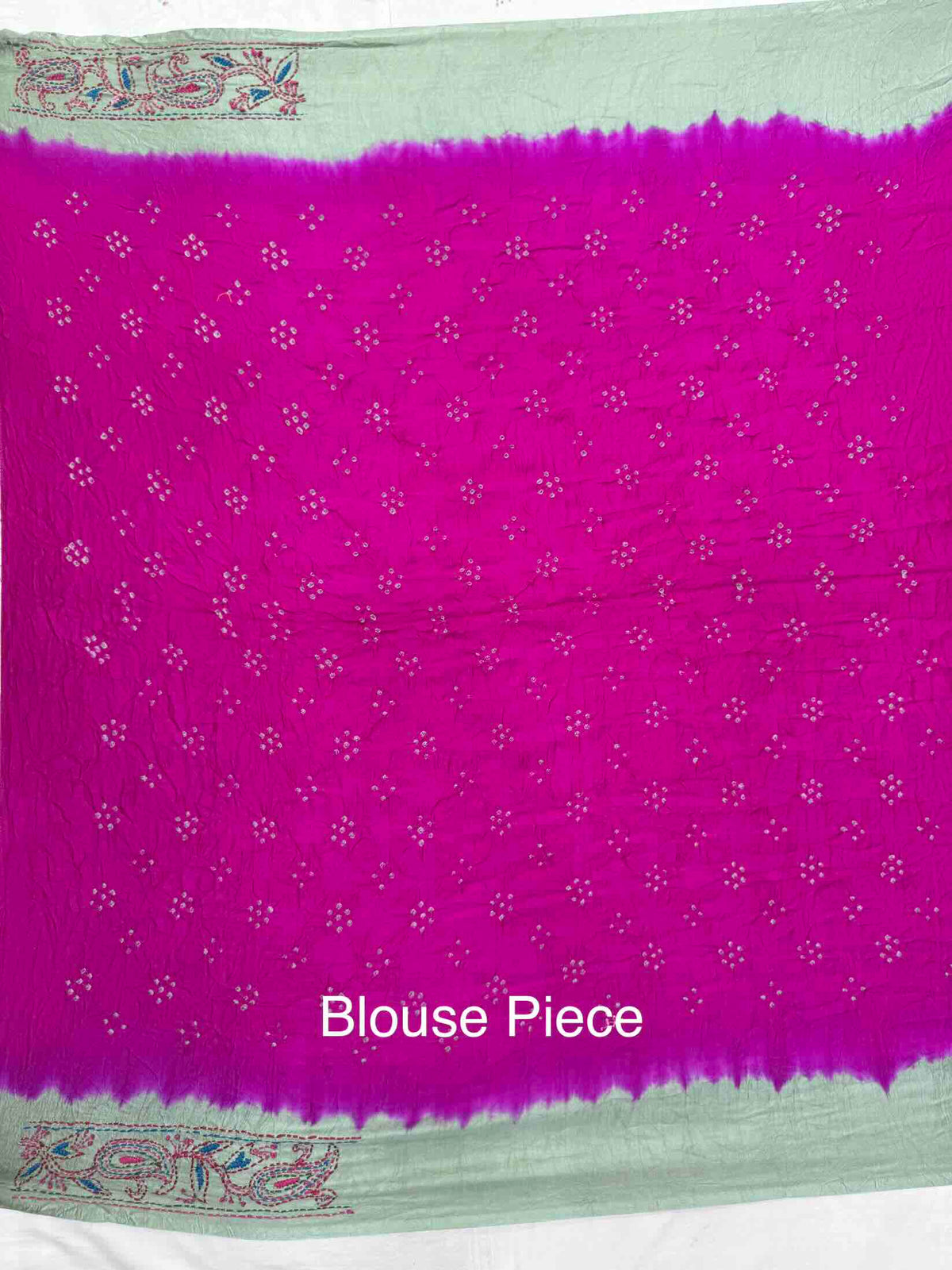 Light Grey & Pink Gajji Silk with Kantha Work Border Pallu Bandhani Saree
