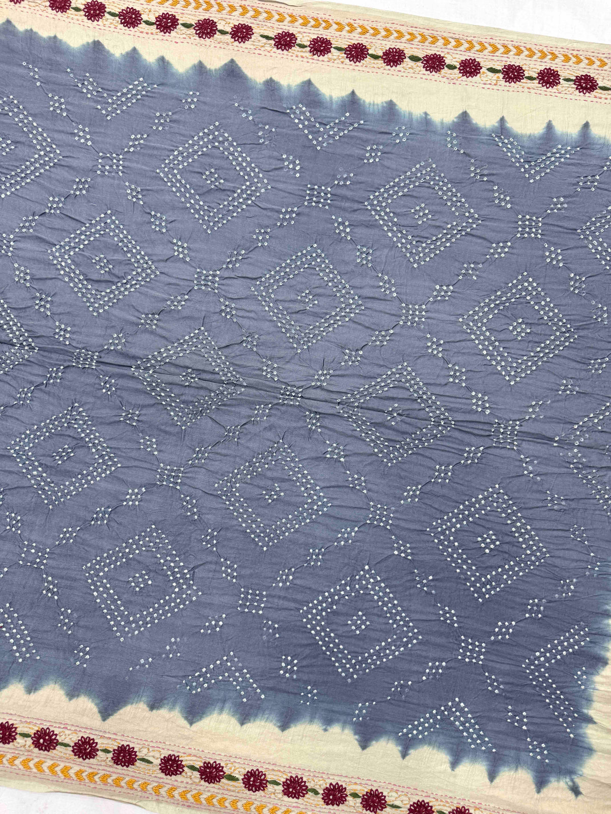 Off White & Grey Muga Silk with Kantha Work Border Pallu Bandhani Saree