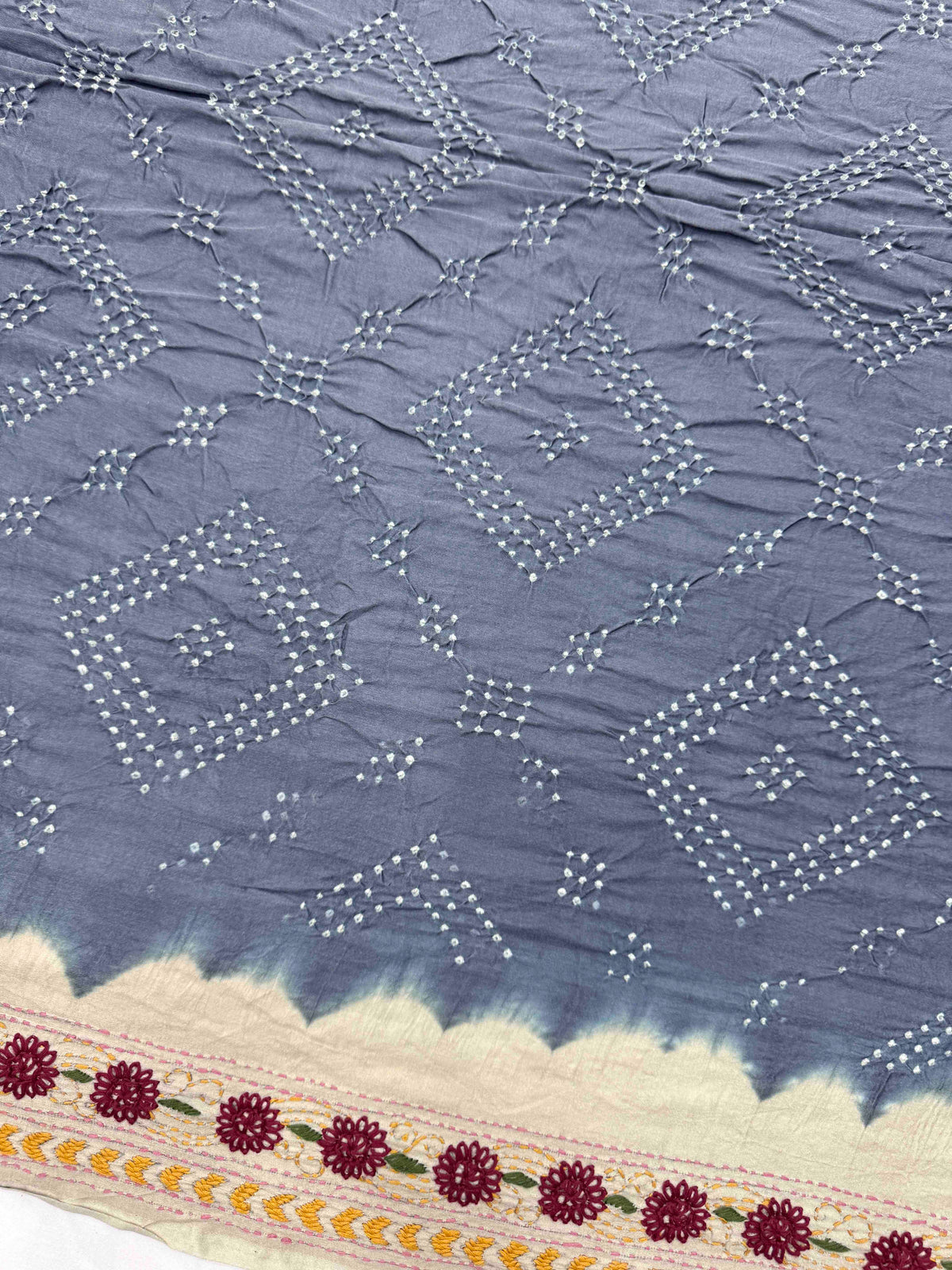 Off White & Grey Muga Silk with Kantha Work Border Pallu Bandhani Saree
