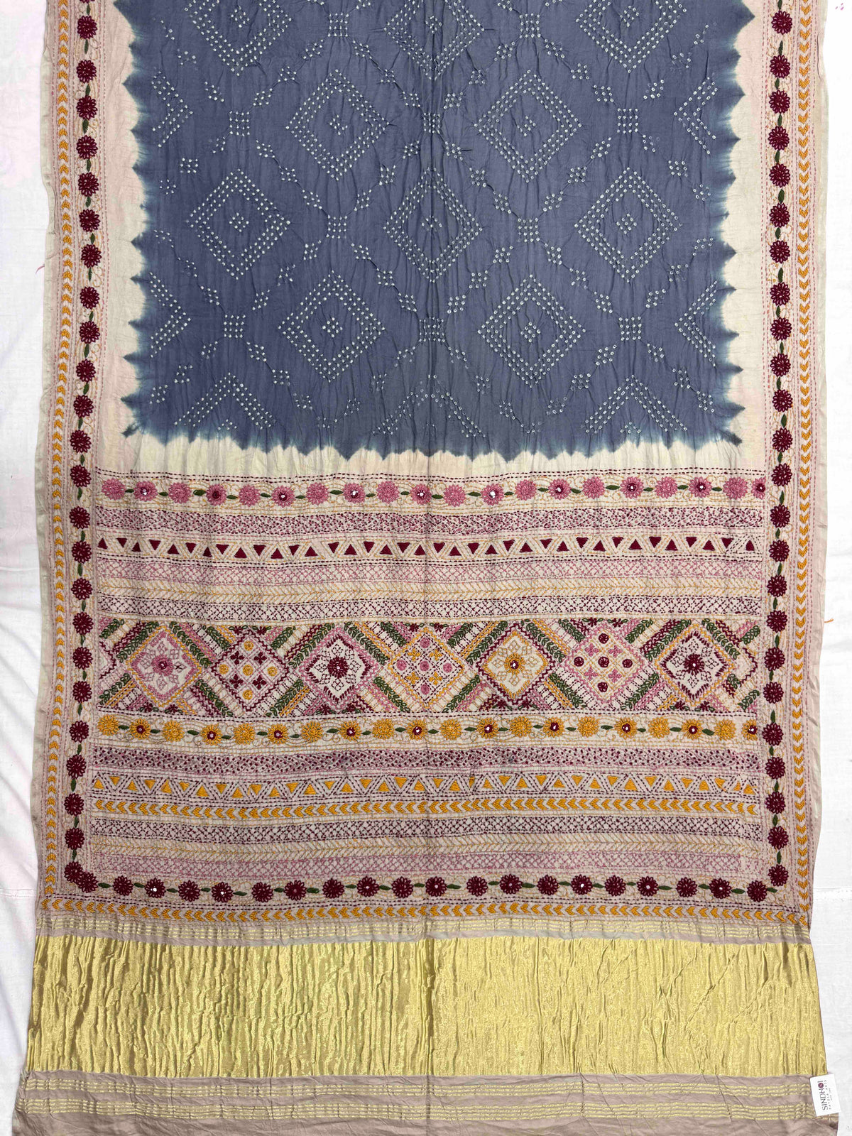 Off White & Grey Muga Silk with Kantha Work Border Pallu Bandhani Saree