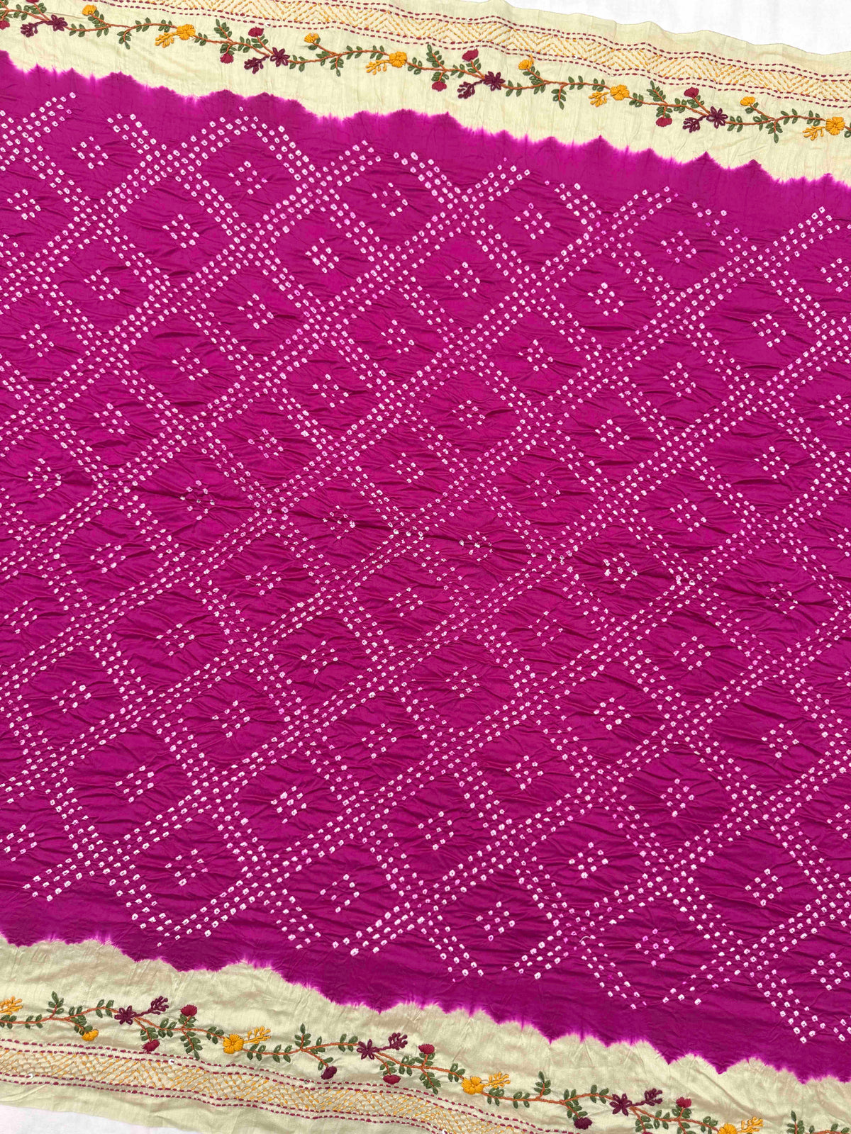 Off White & Dark Pink Gajji Silk with Kantha Work Border Pallu Bandhani Saree