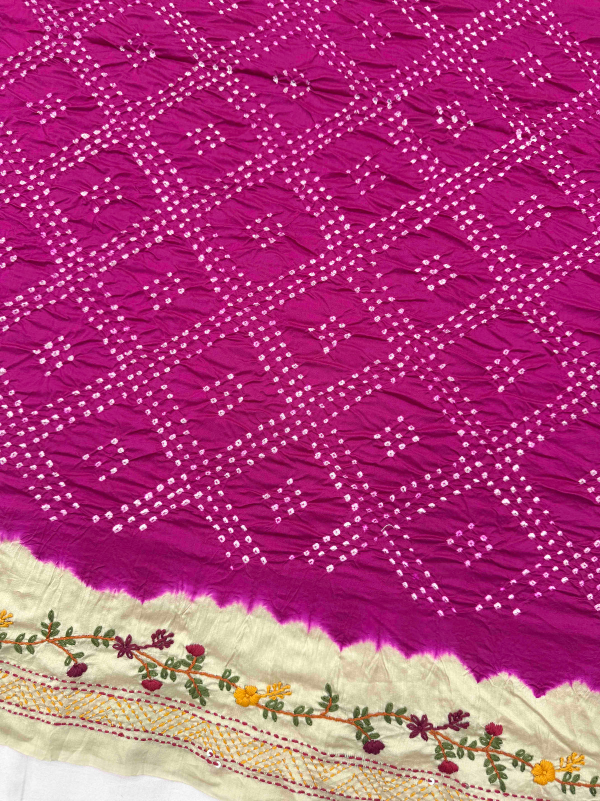 Off White & Dark Pink Gajji Silk with Kantha Work Border Pallu Bandhani Saree