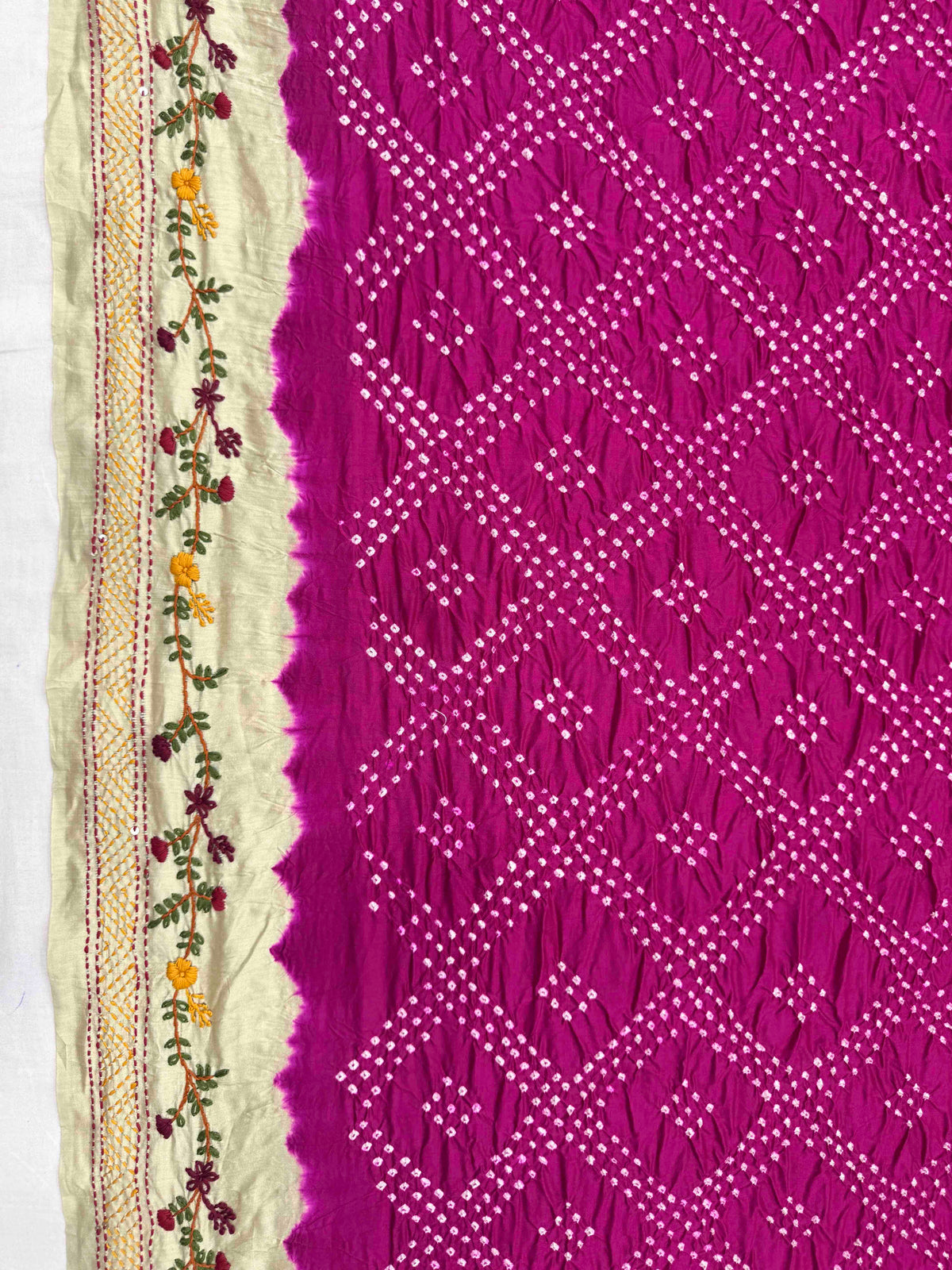 Off White & Dark Pink Gajji Silk with Kantha Work Border Pallu Bandhani Saree