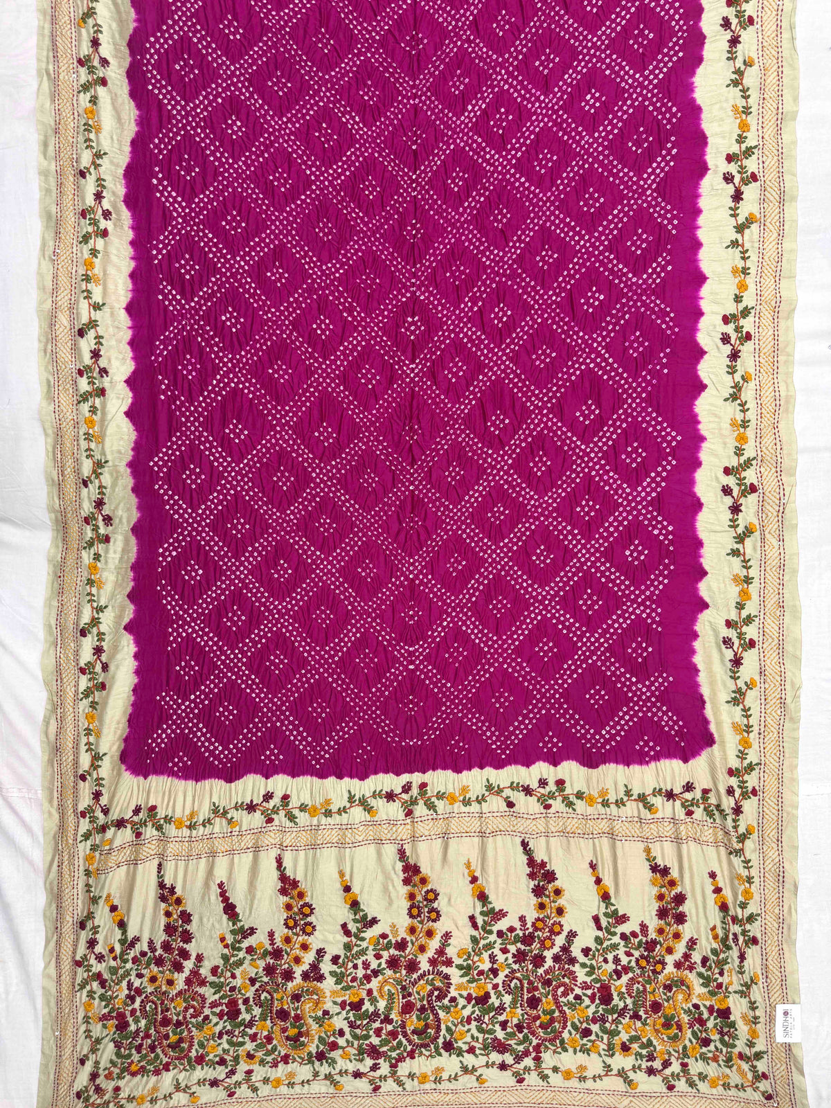 Off White & Dark Pink Gajji Silk with Kantha Work Border Pallu Bandhani Saree