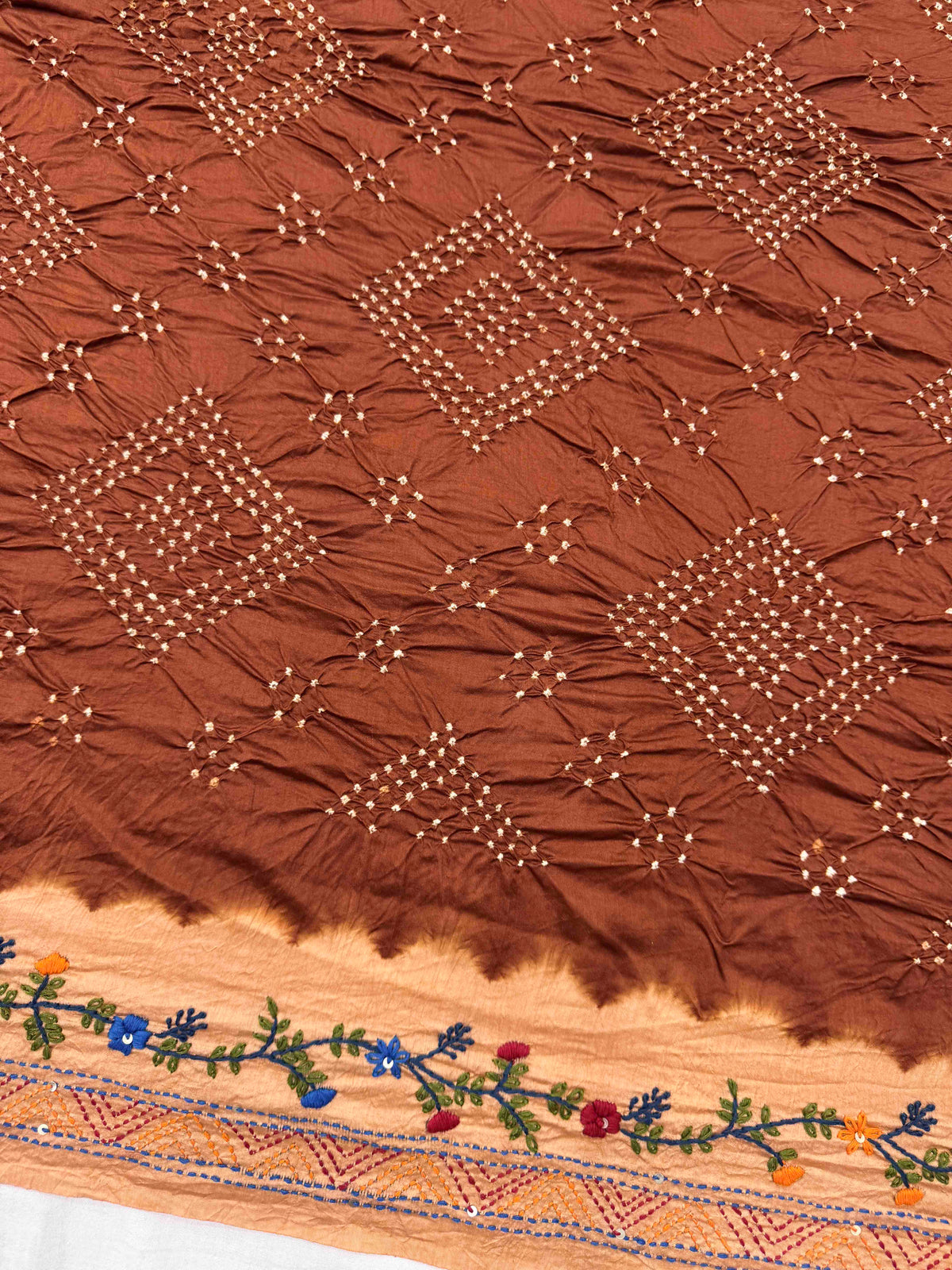 Light Orange & Brown Muga Silk with Kantha Work Border Pallu Bandhani Saree