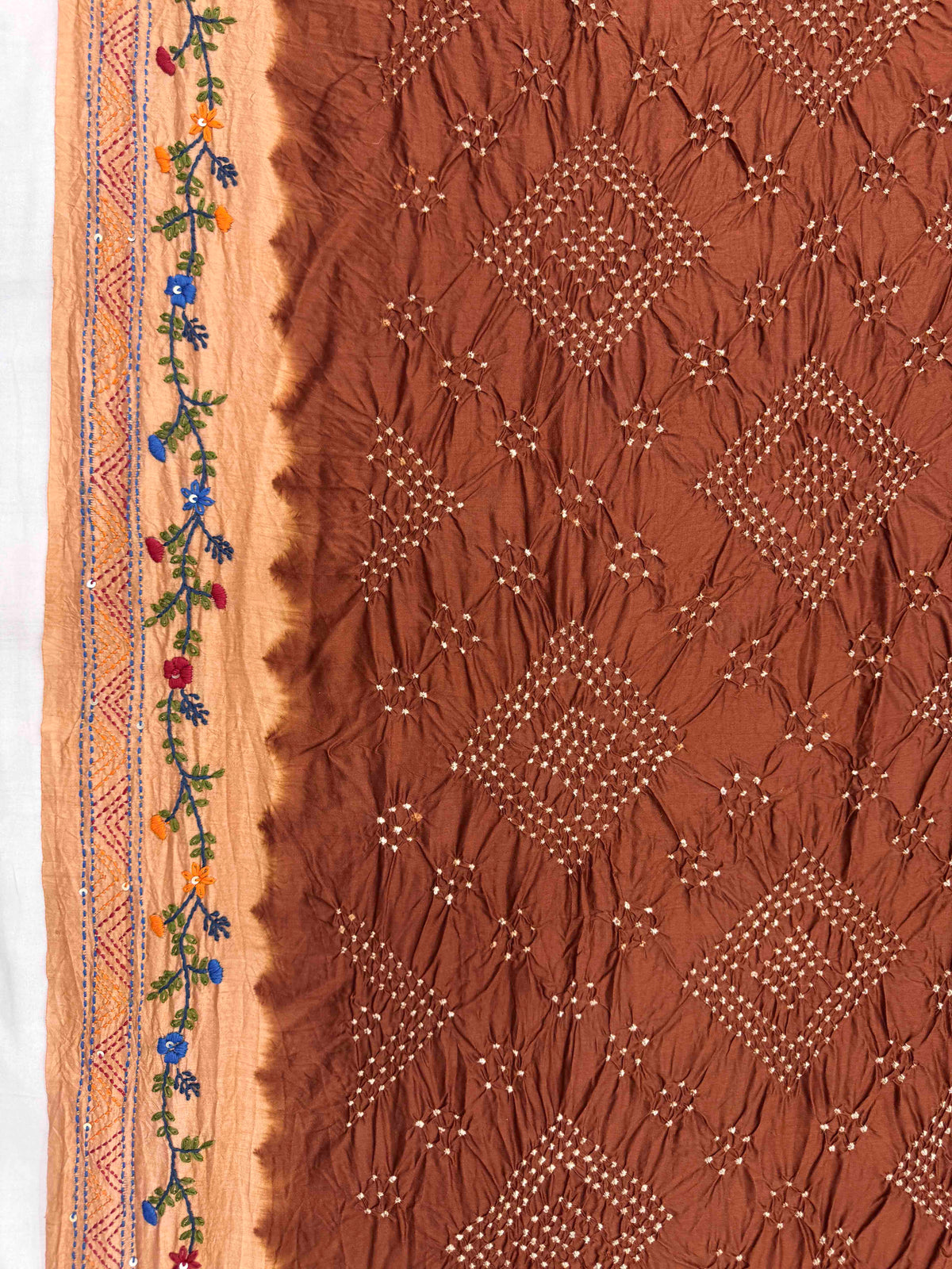 Light Orange & Brown Muga Silk with Kantha Work Border Pallu Bandhani Saree