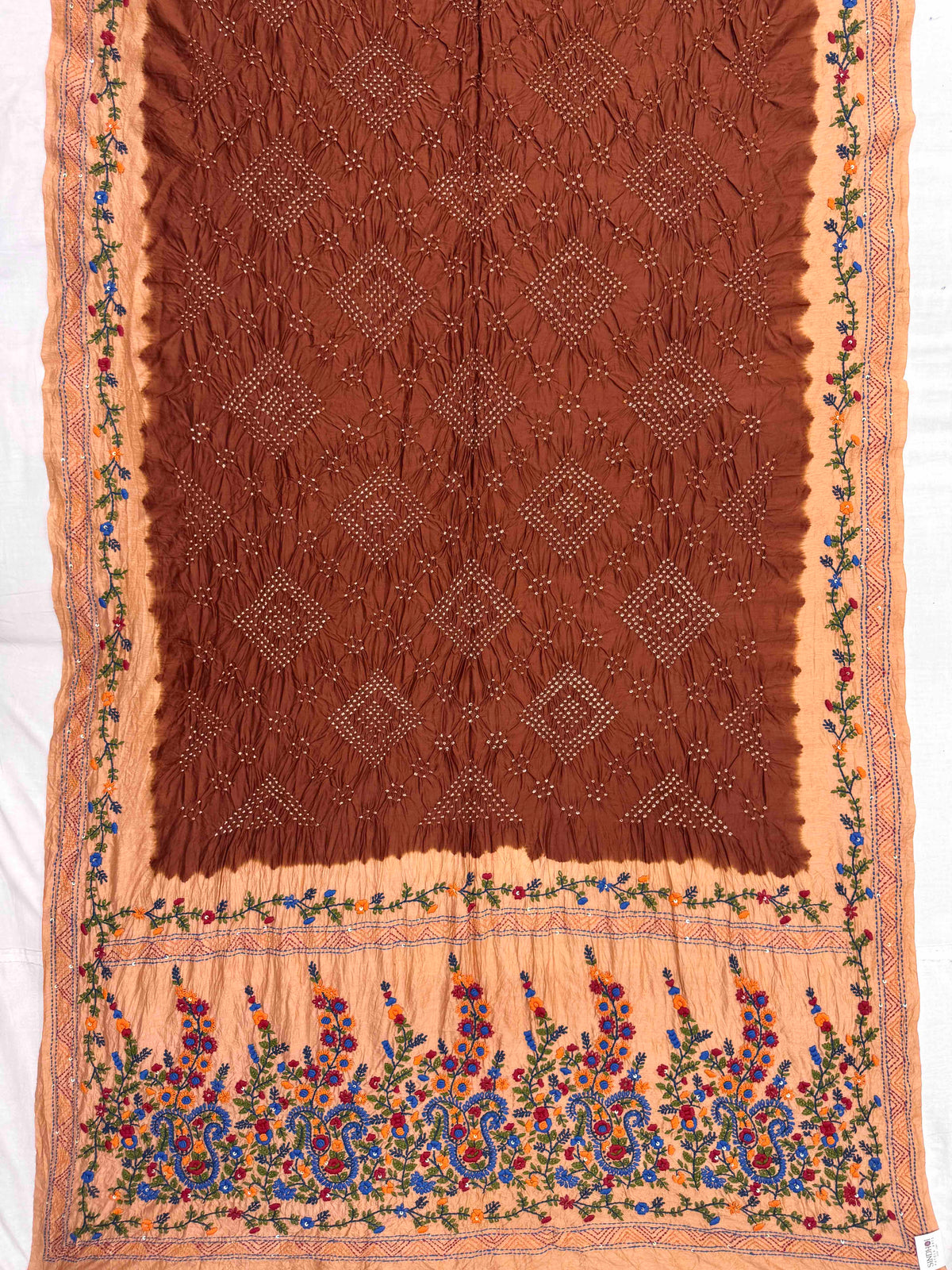 Light Orange & Brown Muga Silk with Kantha Work Border Pallu Bandhani Saree