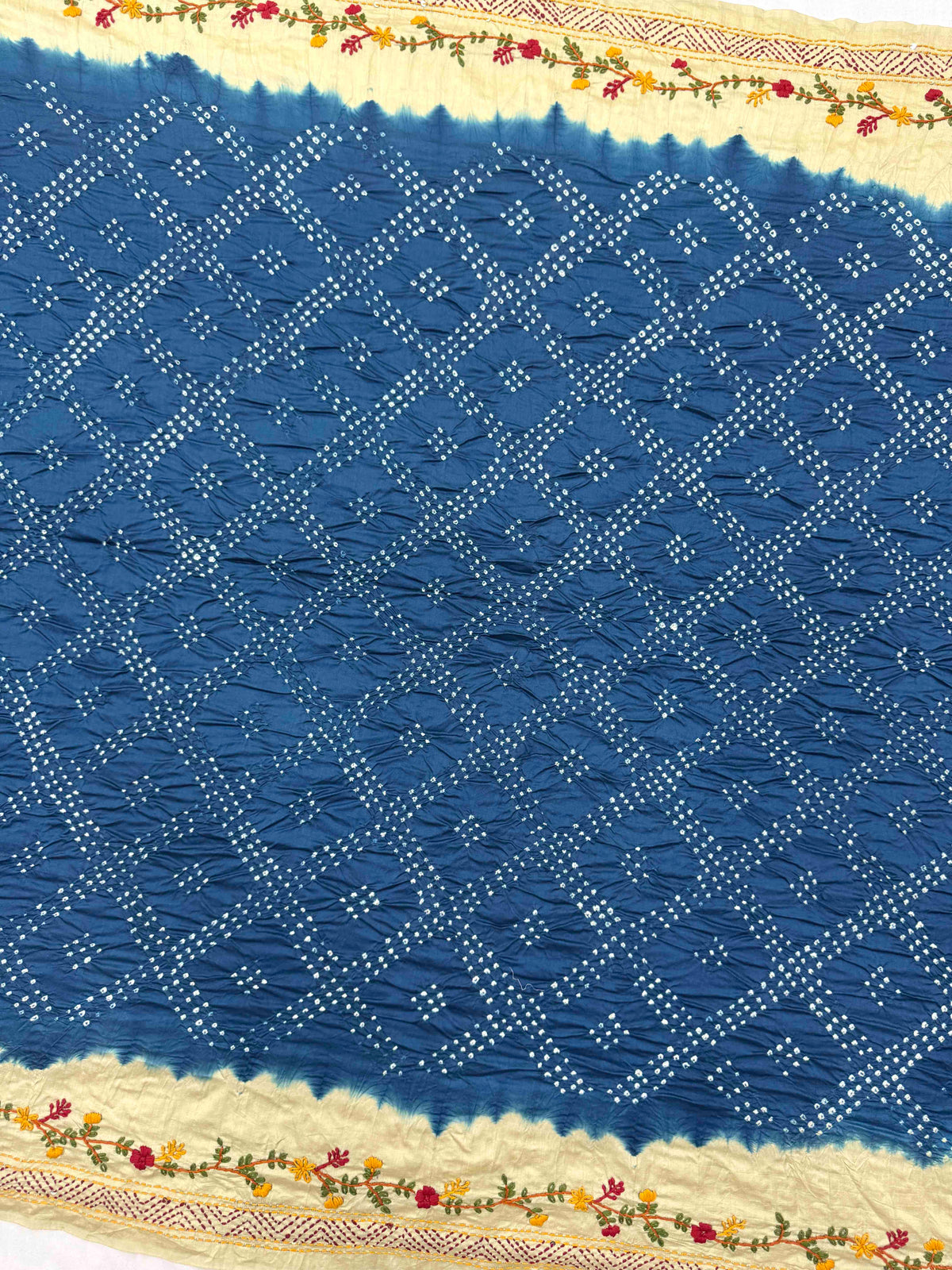 Light Yellow & Indigo Blue Gajji Silk with Kantha Work Border Pallu Bandhani Saree