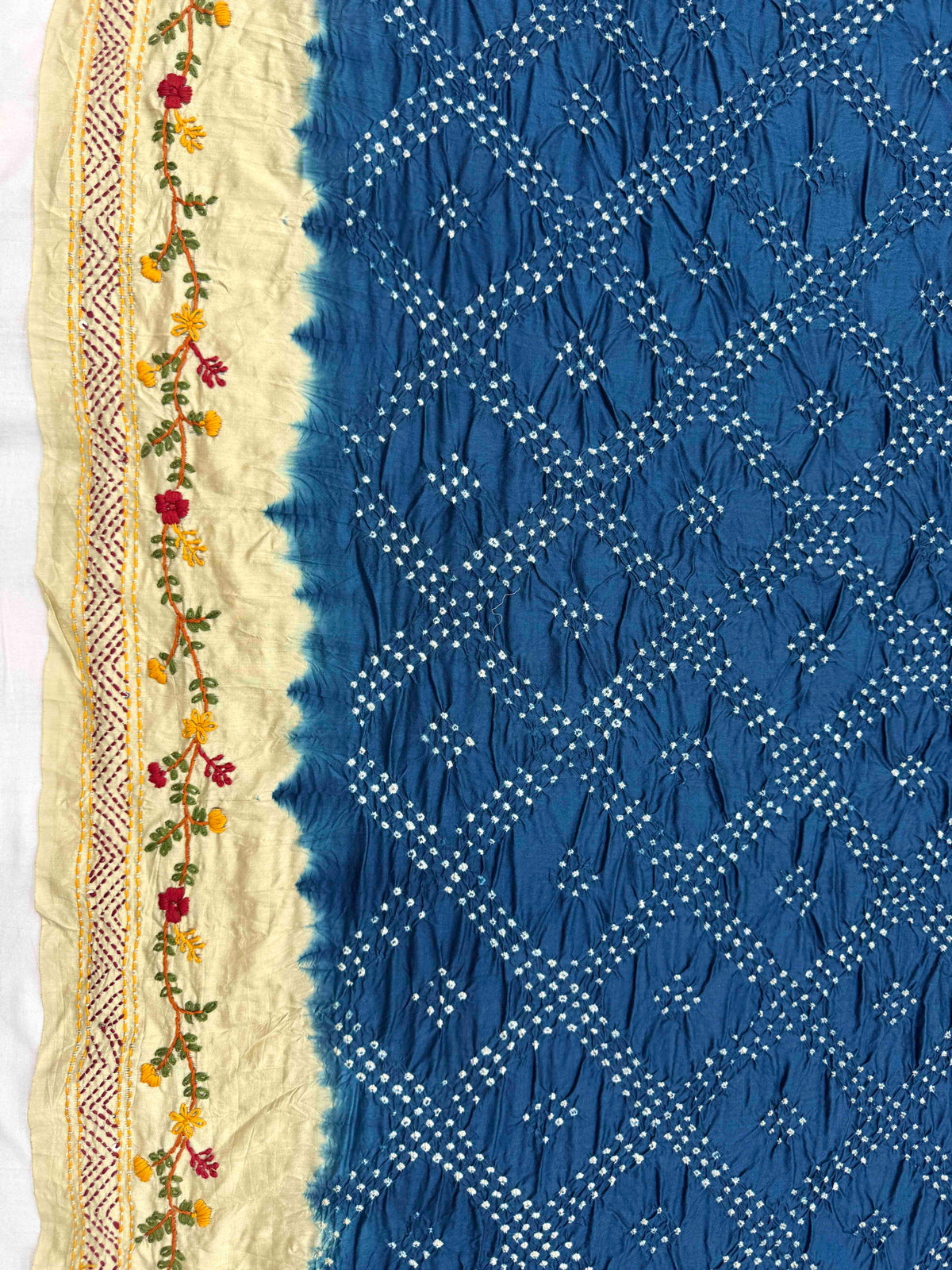 Light Yellow & Indigo Blue Gajji Silk with Kantha Work Border Pallu Bandhani Saree