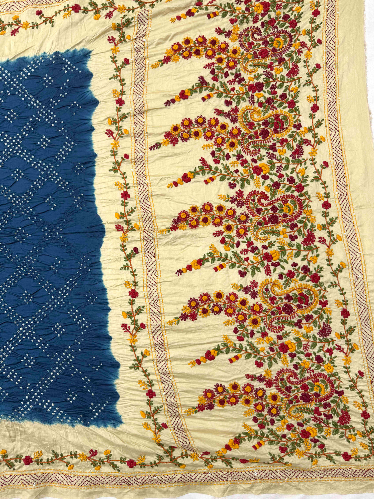 Light Yellow & Indigo Blue Gajji Silk with Kantha Work Border Pallu Bandhani Saree
