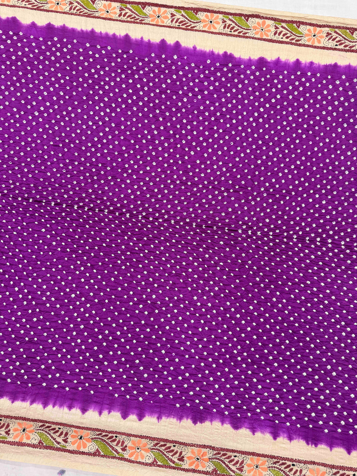 Cream & Dark Purple Muga Silk with Kantha Work Border Pallu Bandhani Saree