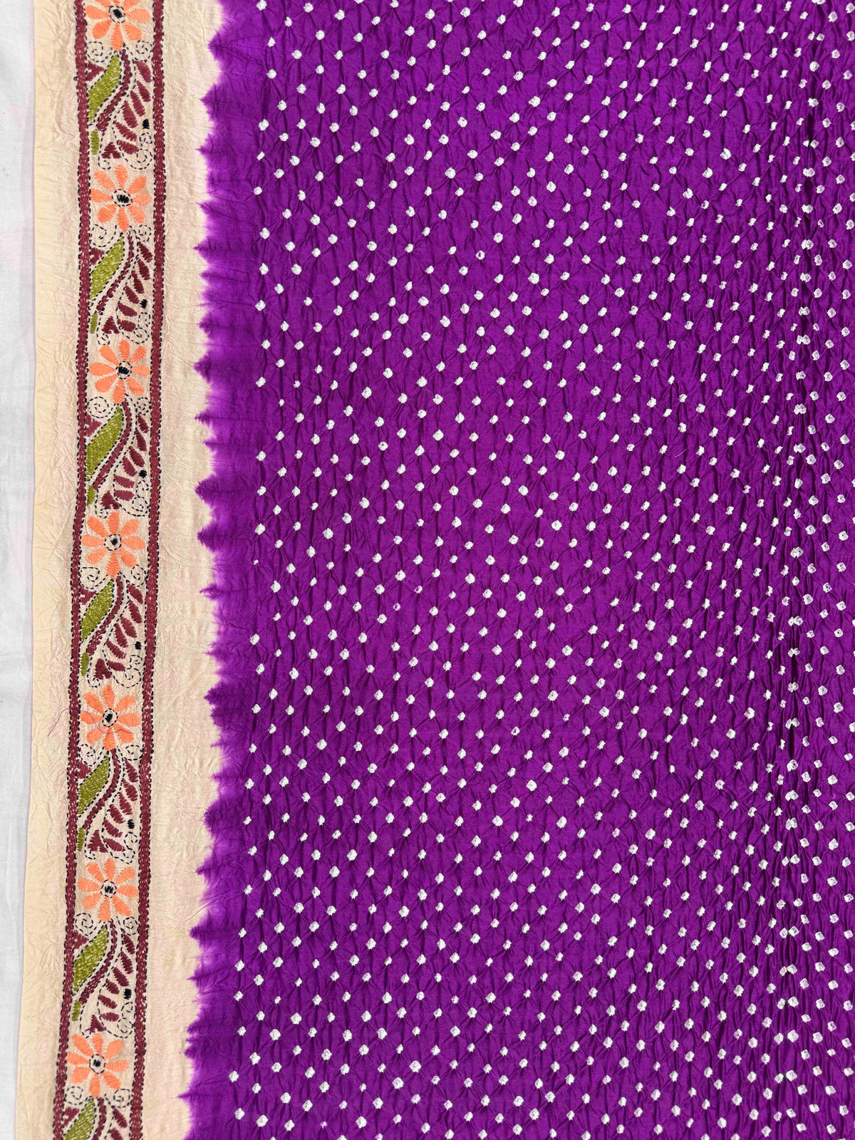 Cream & Dark Purple Muga Silk with Kantha Work Border Pallu Bandhani Saree
