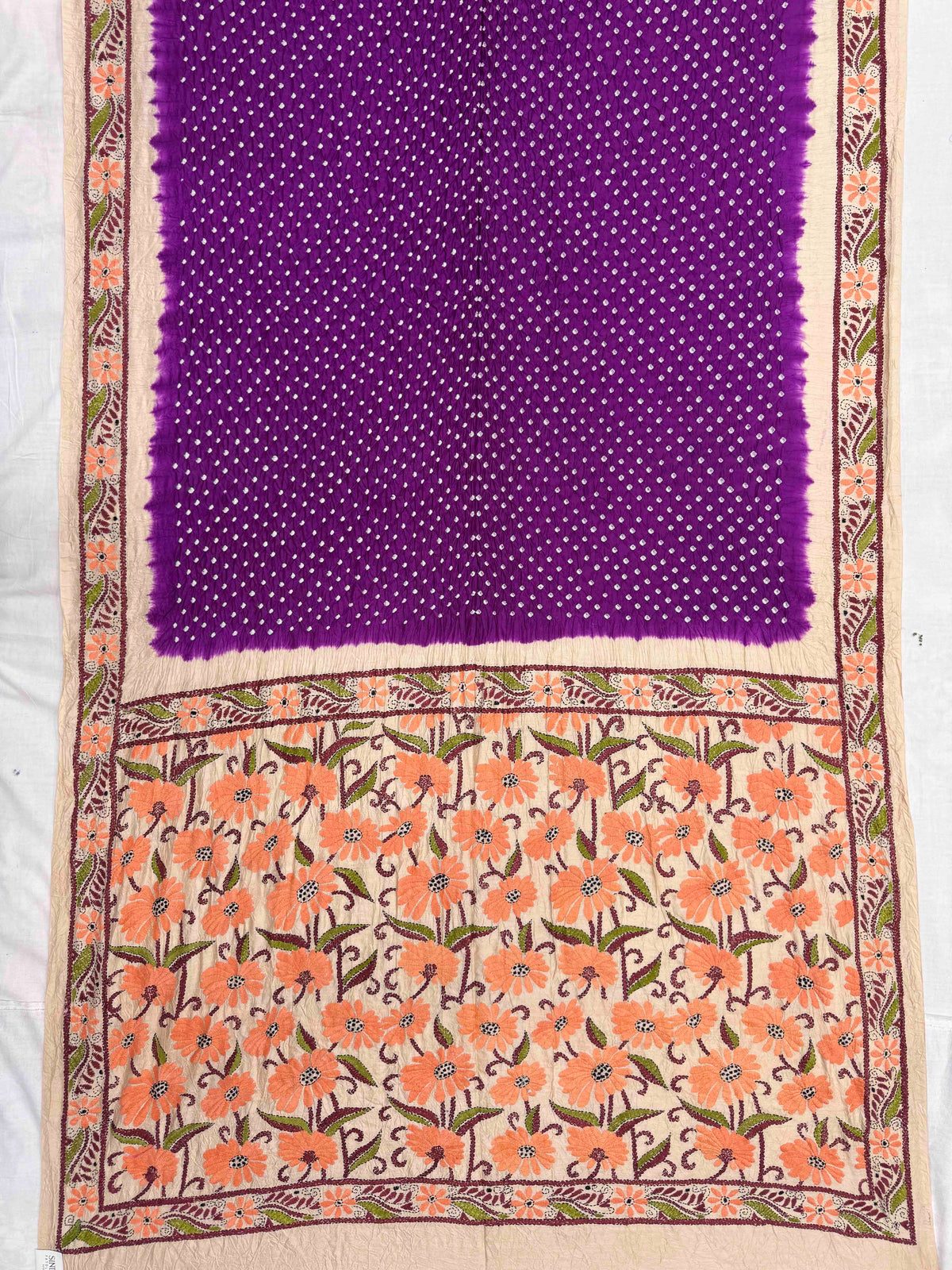 Cream & Dark Purple Muga Silk with Kantha Work Border Pallu Bandhani Saree
